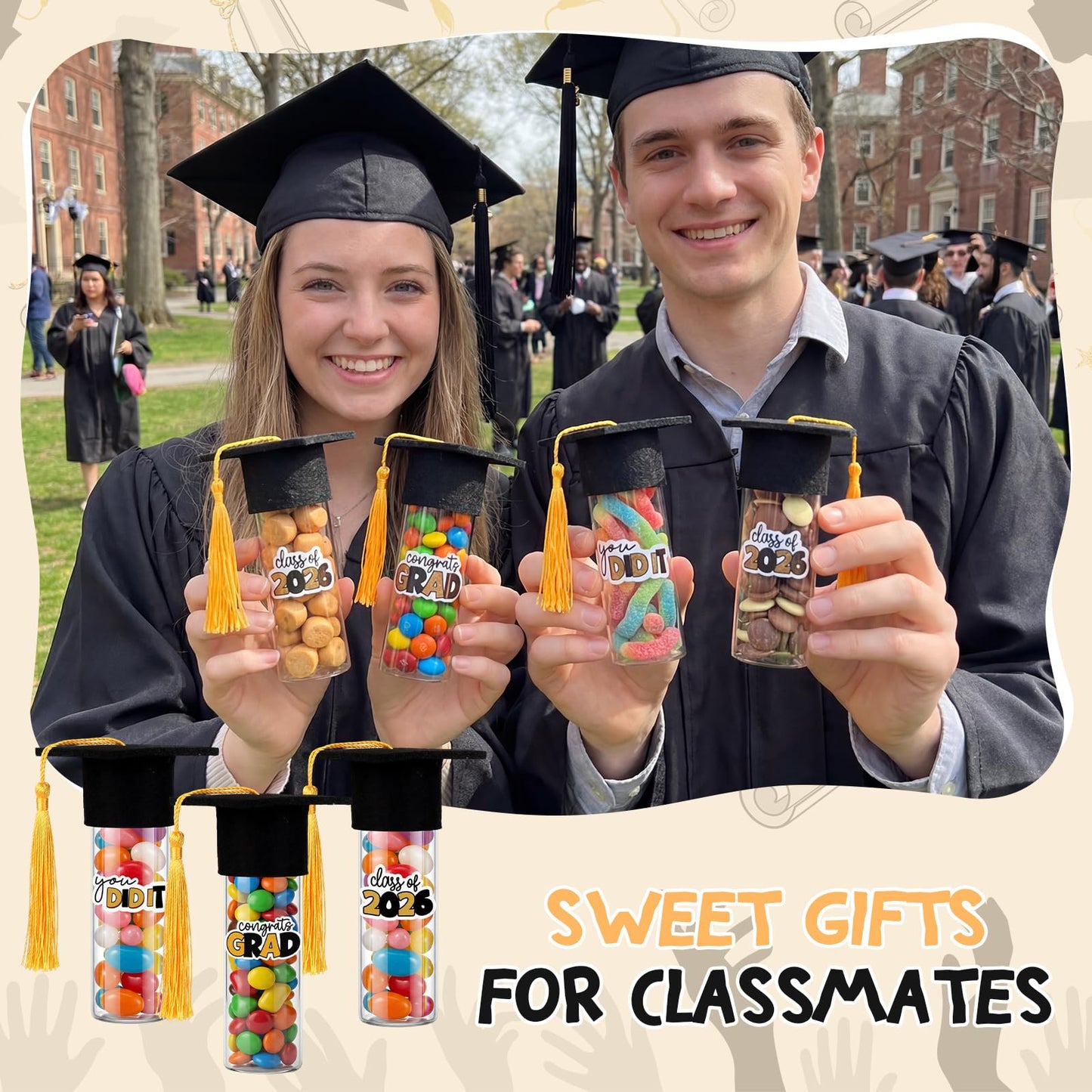 LemonRoad 60 Set 2026 Graduation Candy Tubes Graduation Party Favors Candy Container with Lid Glass Bottles Gold Mini Graduate Caps Decorative Stickers for DIY Class Celebration Table Gift Supplies
