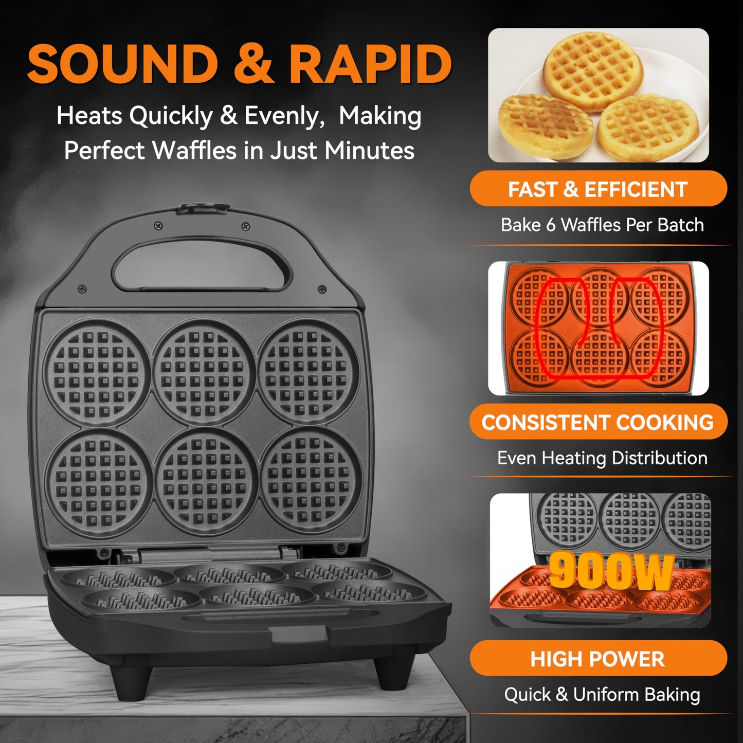 Baker's Friend Multi Mini Waffle Maker Machine, 6 x 3'' Small Waffle Iron, Perfect for Families and Individuals Use, Excellent Choice for Breakfast Brunch Parties & Events, Graphite