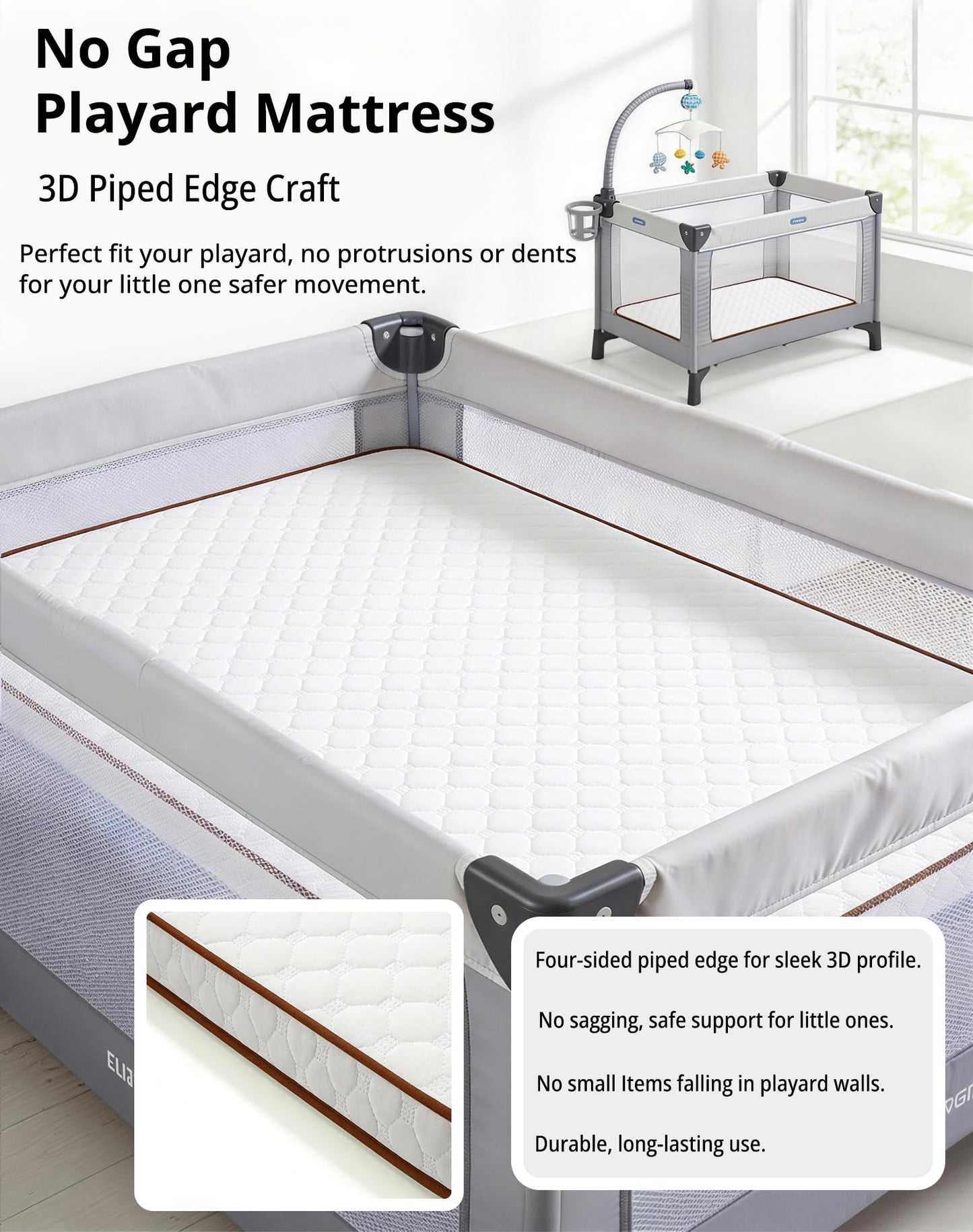 Pack and Play Mattress Pad, 38"x26" Playpen Mattress for Graco Pack n Play, Baby Trend, Pamo Babe Playard, 1.5" Thick, Breathable Washable Cover, No Gap 3D Piped Edge, White