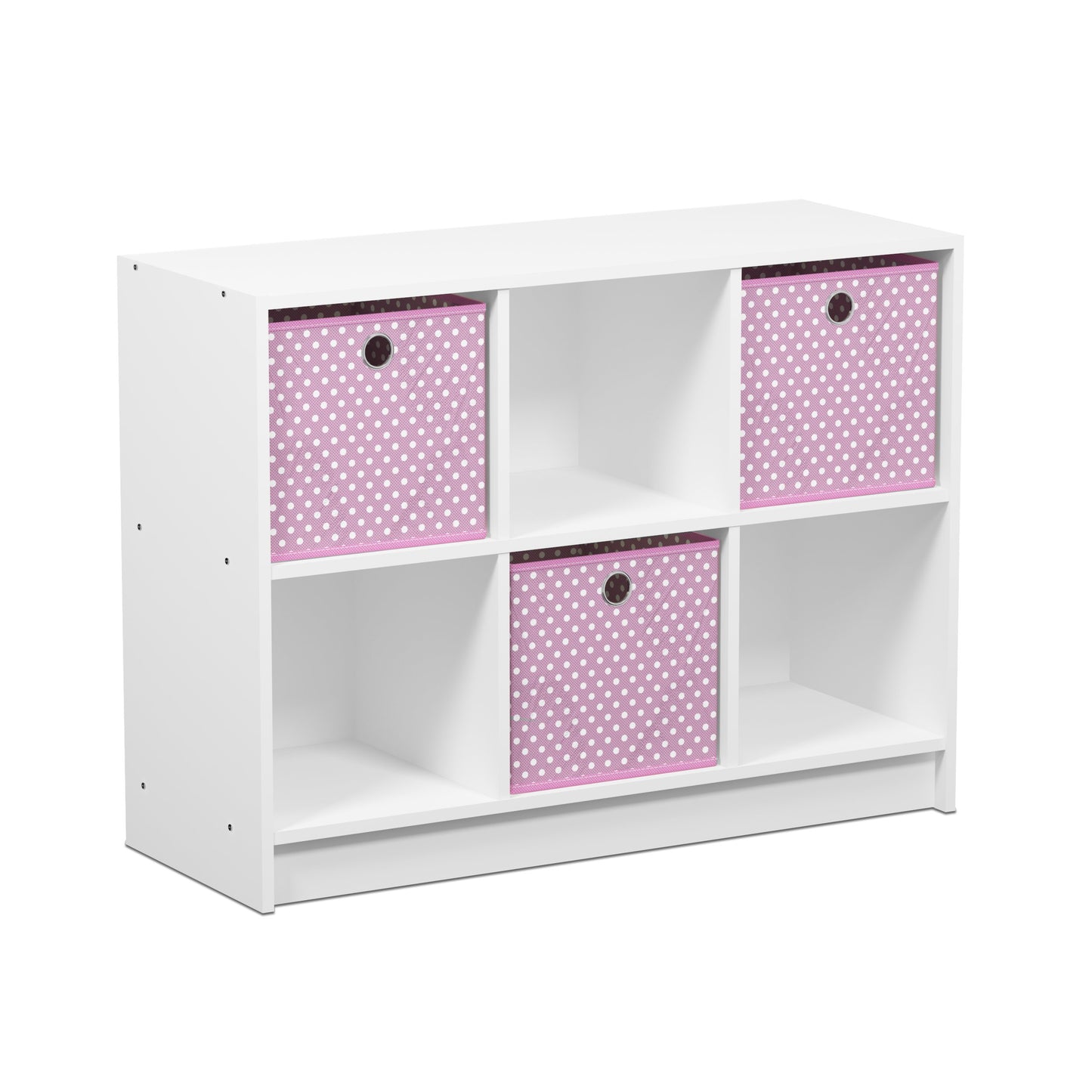 Furinno BASIC Book Shelf, 6-Cube Bookshelf with Open Shelf, 3 x 2 Bookcase with Storage Bins, Closed Back, Horizontal, 11.9 x 31.6 x 23.6, for Living Room, Bedroom, Home Office, White/Pink