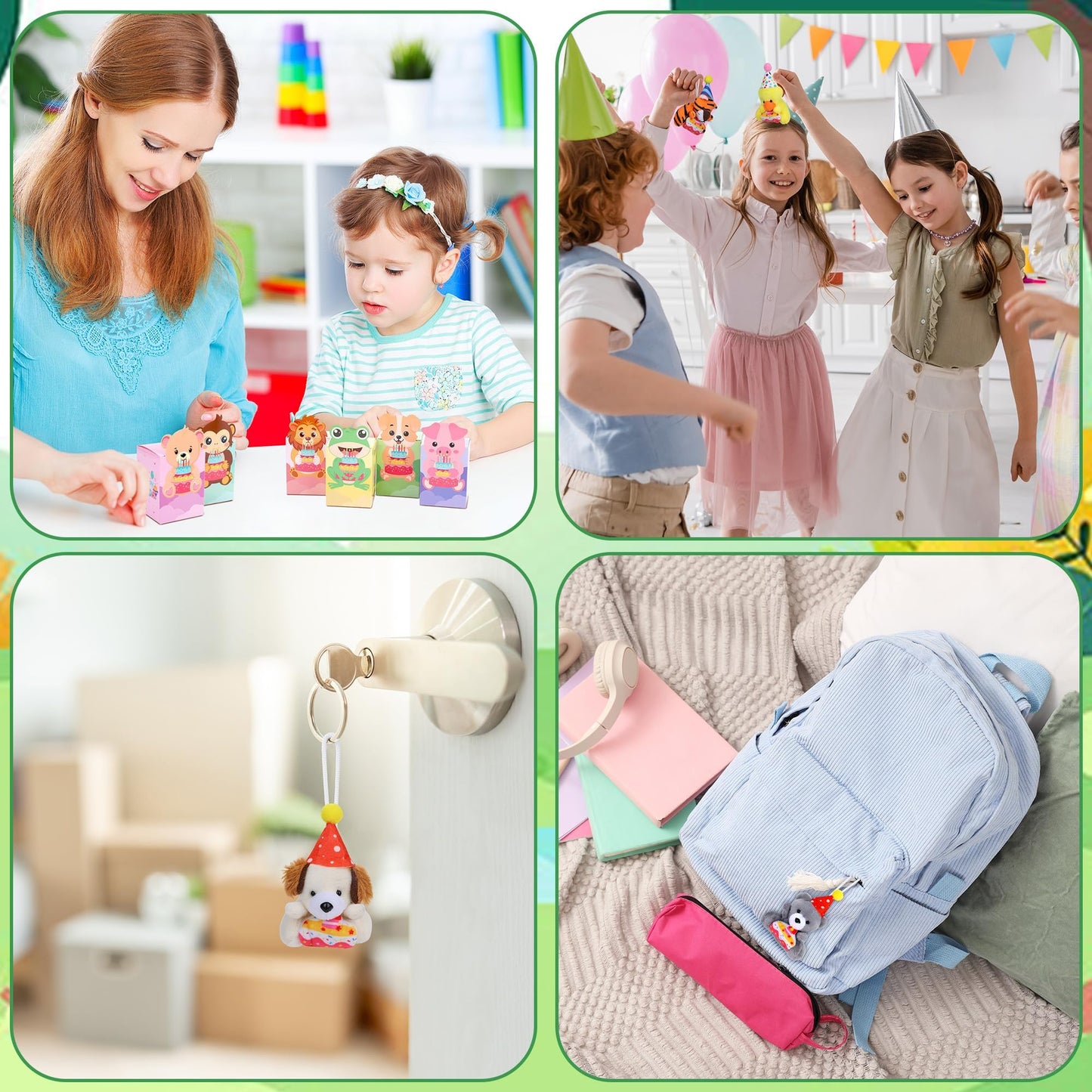 MOVING EARS 24 Pack Birthday Gifts Small Stuffed Animals Assorted Card Boxes Mini Animal Toys Keychains Bulk for Classroom Exchange Party Favor School Teacher Student