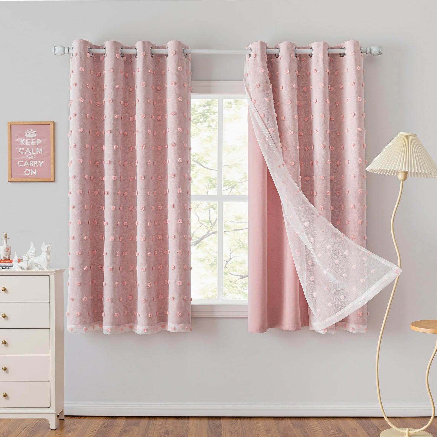 MYSKY HOME Pink Curtains for Girls Bedroom Pom Pom Sheer Curtain 63 Inches Length Thermal Insulated Nursery Blackout Curtains Room Darkening Short Kitchen Drapes Grommet, 52 x 63 in, 2 Panels
