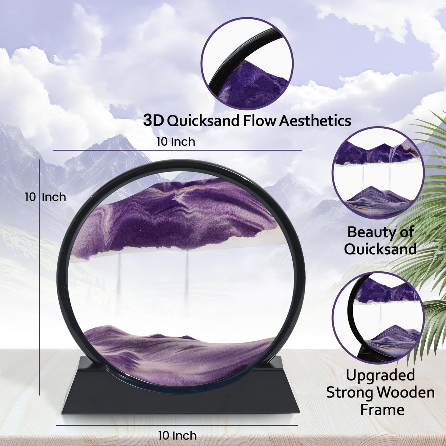 STEPOUT Moving Sand Art Liquid Motion - Perfect for Home, Office, Kitchen, Desk Decor, Crafted with Anit-Slip Wooden Base - Unique Picture Frame Style, 12" (Purple)