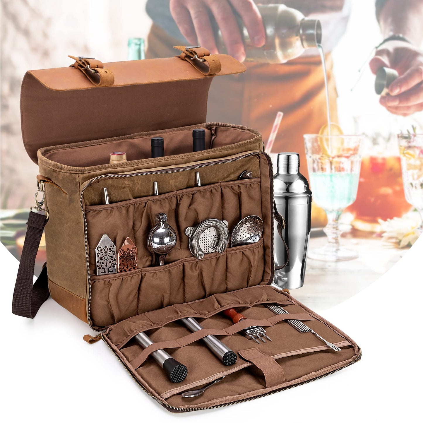 LoDrid Vintage Bartender Kit Bag with Flexible Compartments for Wine, Leather Waxed Canvas Bartender Bag with Removable Dividers, Bar Bag with Handle and Shoulder Strap, Bag Only, Patent Design