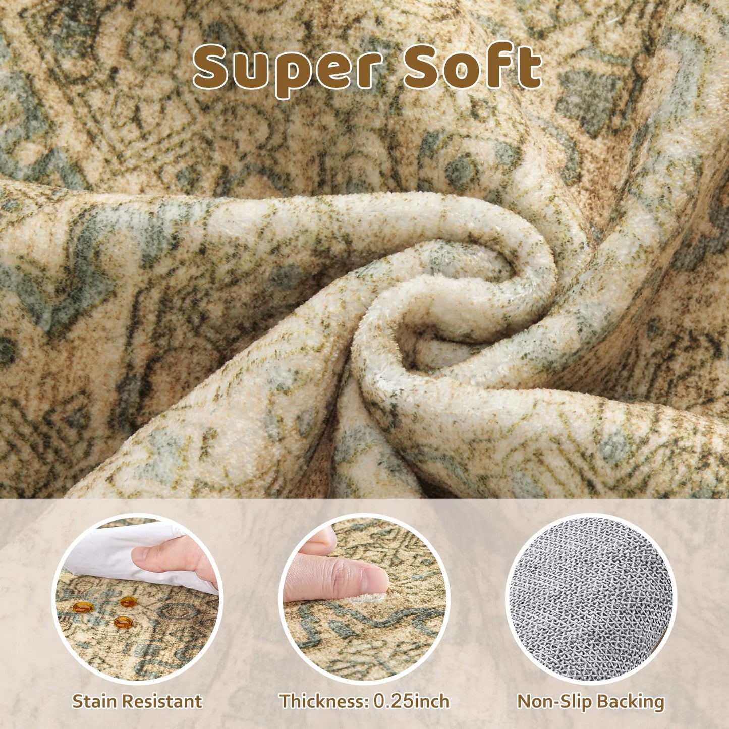 10x14 Area Rug Living Room: Washable Neutral Vintage Large Rugs Non-Slip Stain Resistant Soft Low Pile Indoor Retro Carpet for Bedroom Dining Room Under Table Office Playroom - Brown