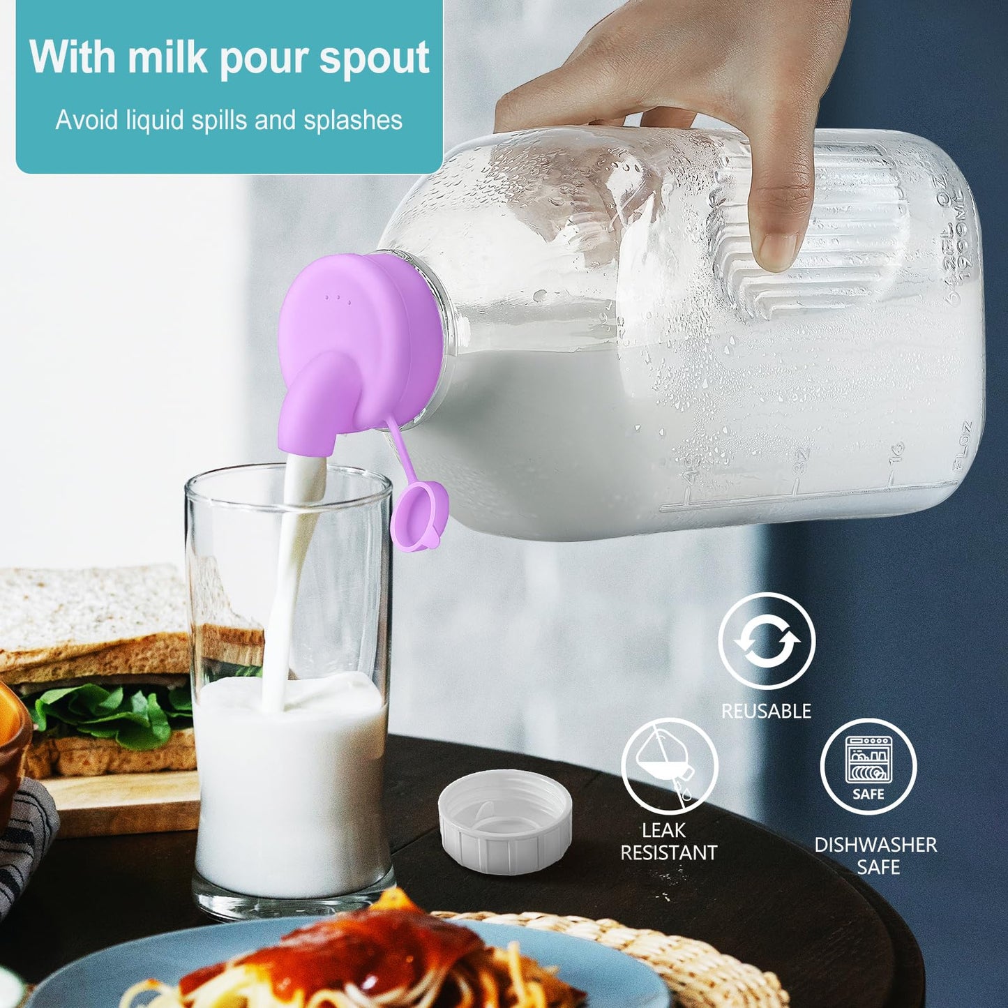 4 Pack 64 Oz Heavy Duty Glass Milk Bottle with 1 Silicone Spout and 5 Reusable Airtight SCREW LID, 2 Qt Glass Water Bottle with 2 Exact Scale Lines - Milk/Juice Jug Pitcher