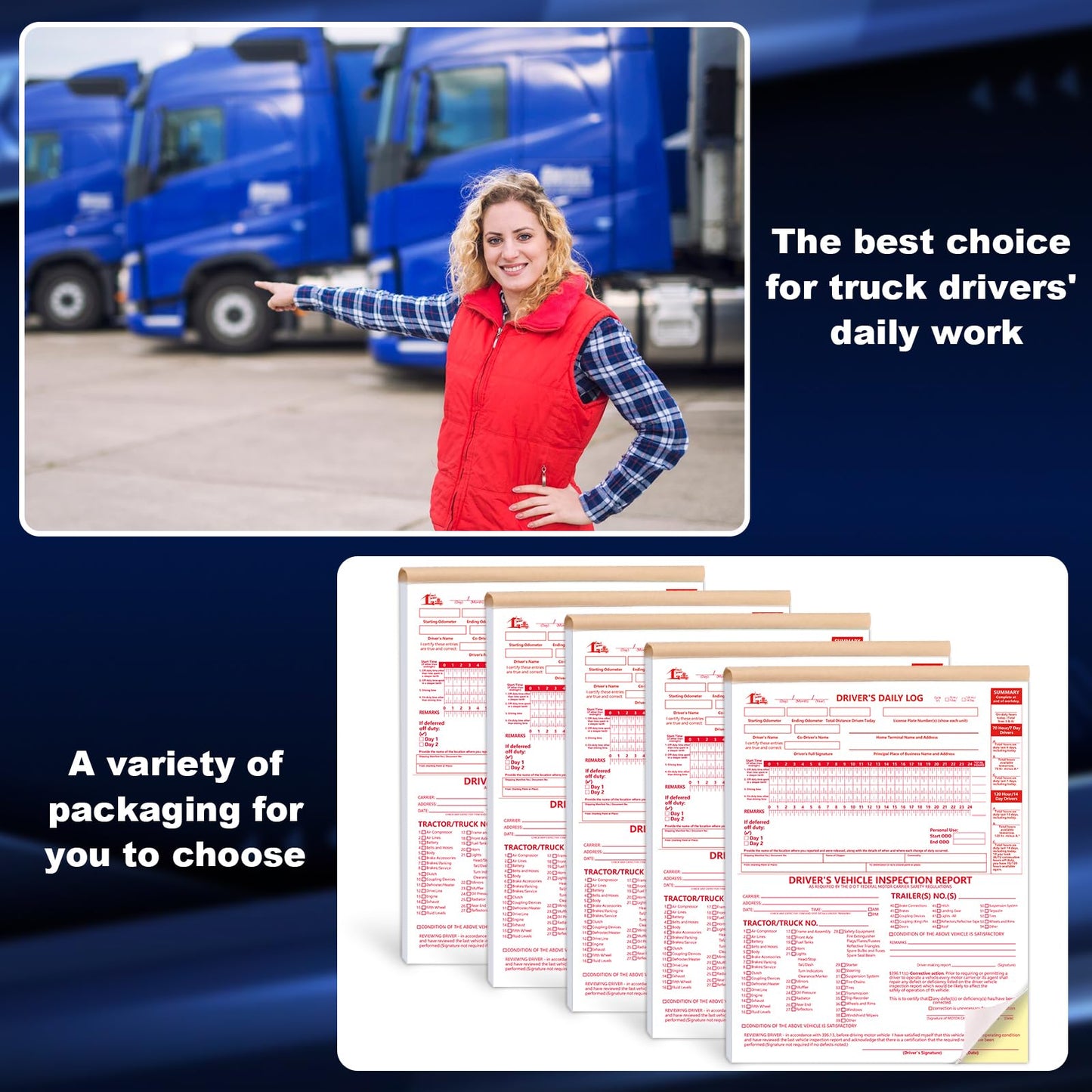 10 Pcs 8.5x11inch 2-in-1 Driver Log Books for Truckers Dot Log Book Driver Vehicle Inspection Report Log Books with Detail Backup Truck Inspection Forms 2-Ply Carbonless for Drivers （Large Size)