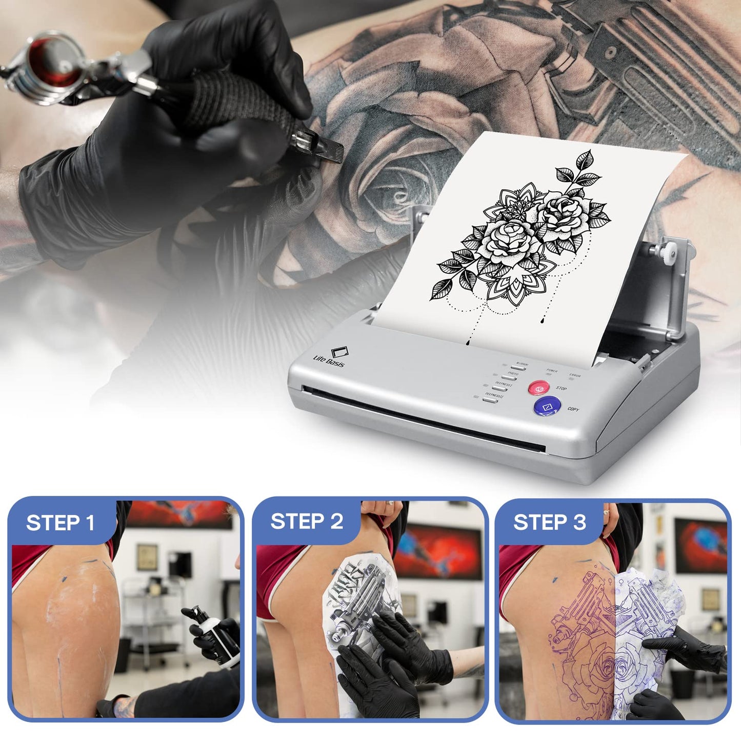 LifeBasis Tattoo Transfer Stencil Machine Professional Thermal Tattoo Stencil Printer with Tattoo Transfer Paper 20 Sheets Tattoo Printer Kit for Men