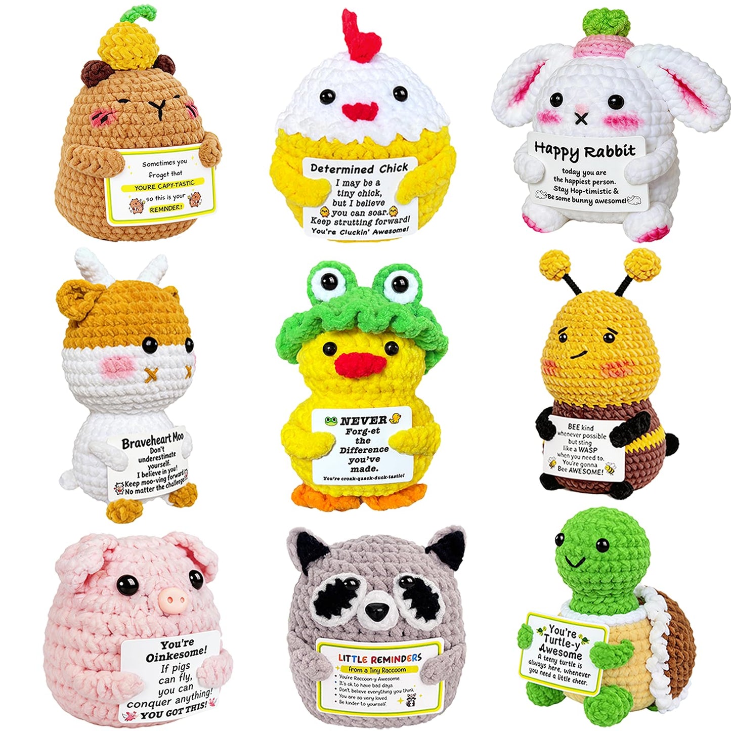 9Pcs Emotional Support Positive Crochet Animals Duck Turtle, Motivational You’re Awesome Gift for Women Men Coworkers Friends Employee Uplifting Mini Knitted Crochet Plushies Easter Basket Stuffers