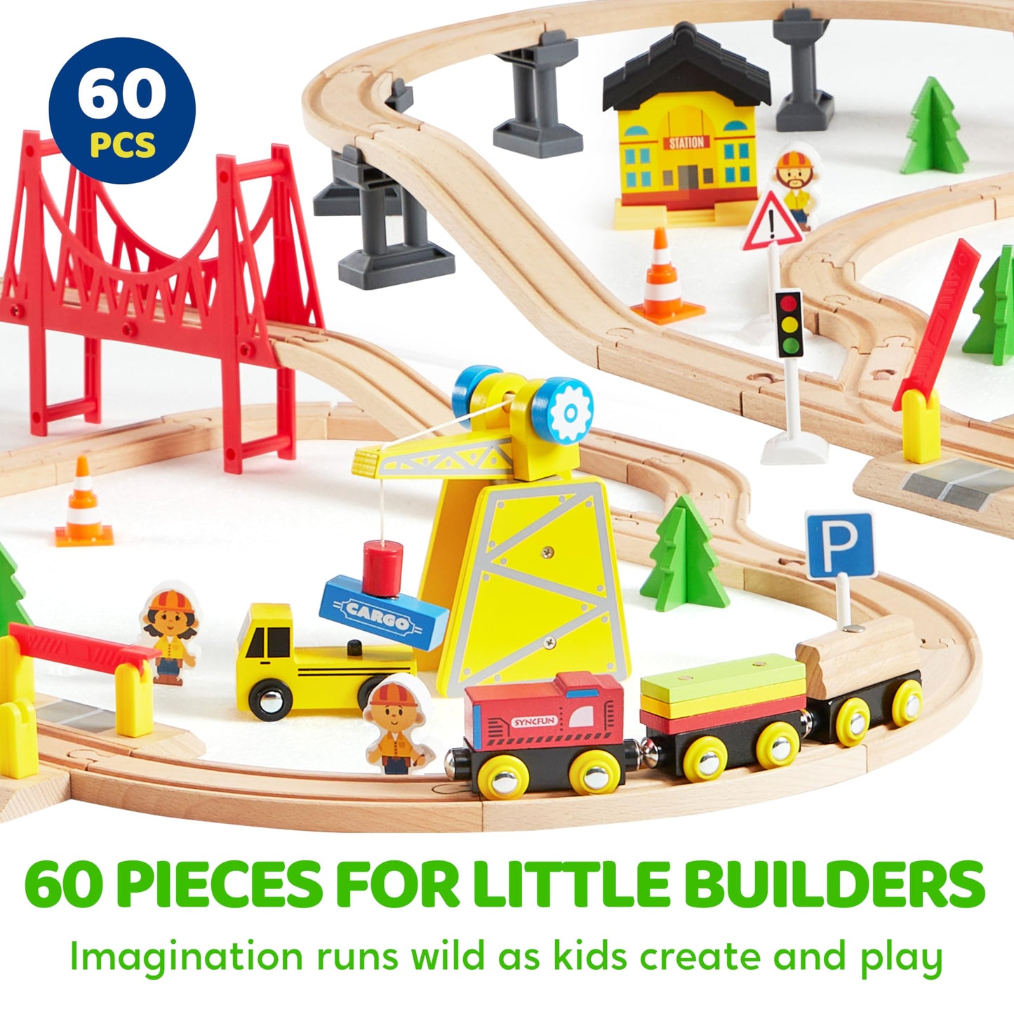 60PCS Wooden Train Set - Construction Express, Engineering Railway with Magnetic Crane, Trains & Accessories, Perfect Christmas Birthday Party Toy Gift for Kids Toddlers Boys Girls Ages 2-8