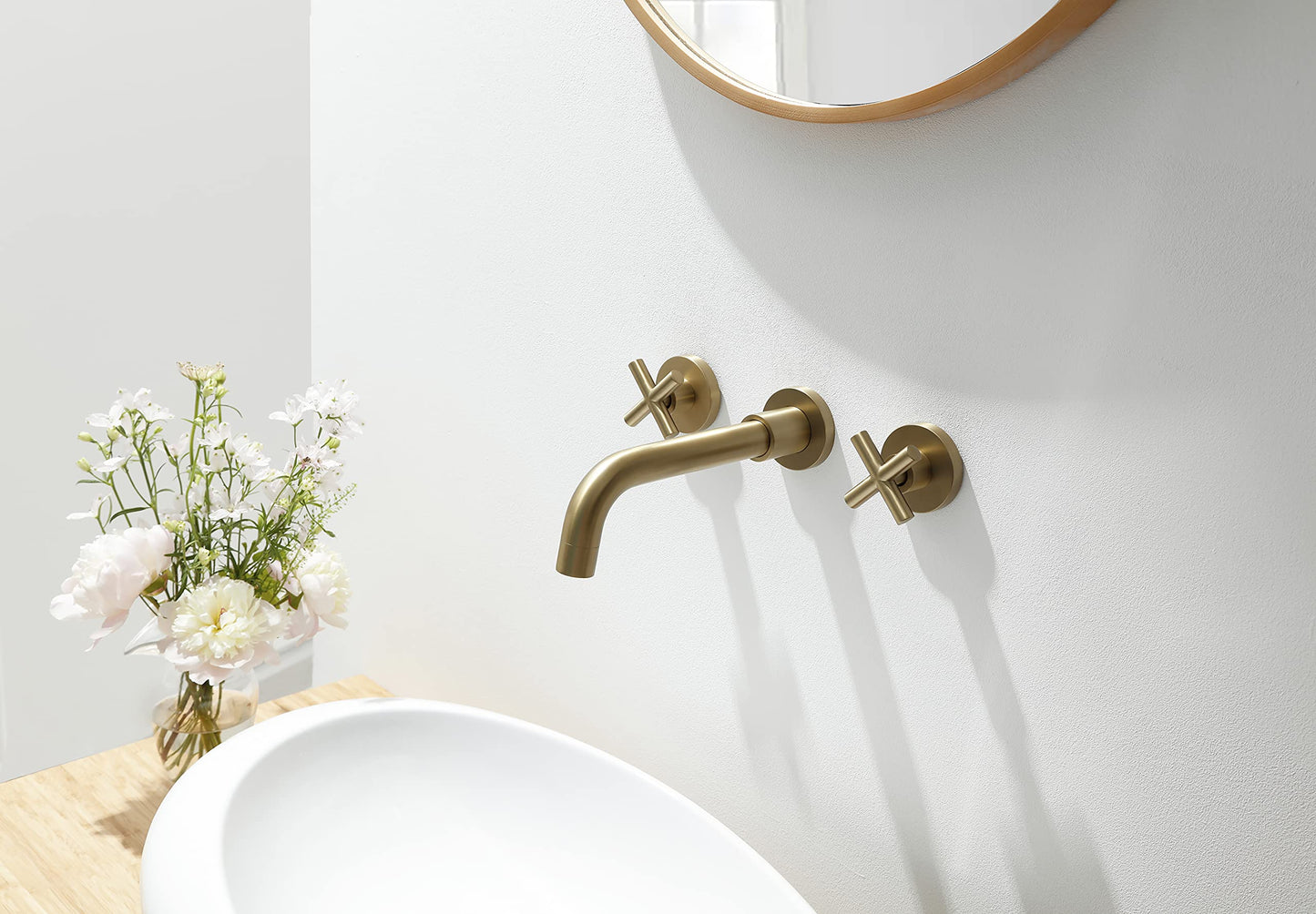SITGES Gold Bathroom Faucet, Double Handle Wall Mount Bathroom Sink Faucet and Rough in Valve Included (Gold)