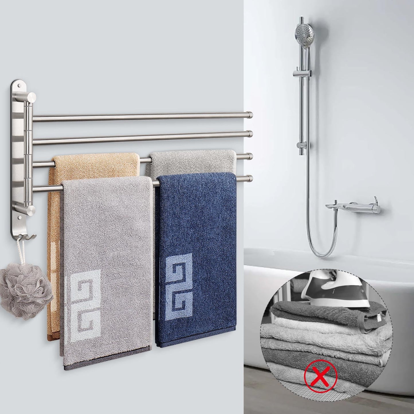 NearMoon Swivel Towel Rack, 19.5" Thicken 304 Stainless Steel 4-Arm Towel Bar, Space Saving Wall Mounted Towel Holder with Hook, Rustproof Swing Out Towel Hanger for Bathroom, Kitchen (Brushed Nickel)