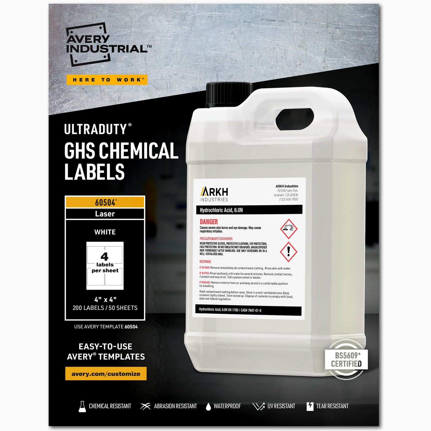Avery UltraDuty GHS Chemical Labels for Laser Printers, Waterproof, UV Resistant, 4 x 4, 200 Pack (60504)