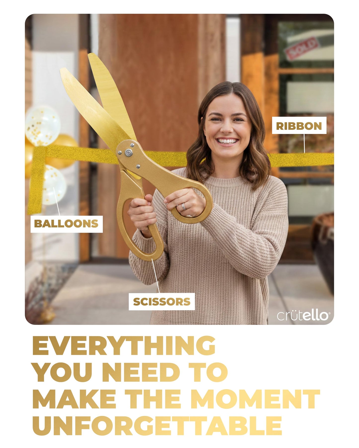 Crutello Ribbon Cutting Ceremony Kit - 20"Giant Scissors with Gold Handle, 30ft Sparkle Giant Gold Ribbon 4"Wide, 24 Balloons & 90ft Balloon Band for Grand Opening Decorations