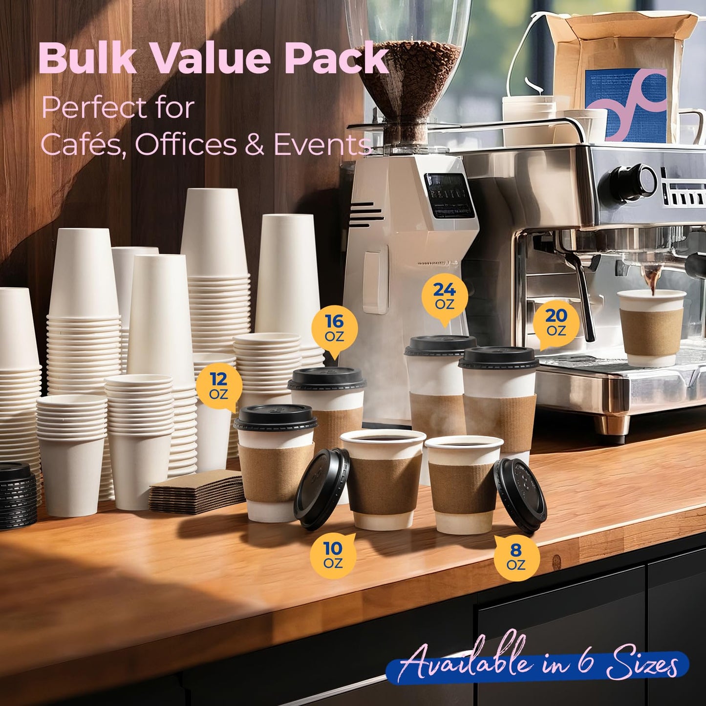 Fit Meal Prep 24 oz 100 Pack To Go Coffee Cups with Lids and Sleeves, Disposable Paper Coffee Cups with Lids for Hot/Cold Beverage