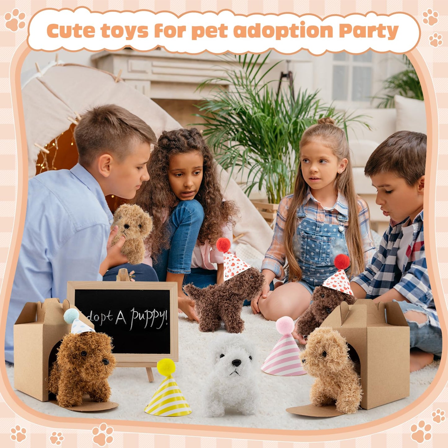 Rigibright 90Pcs Adopt A Puppy Party Favors Mini Plush Stuffed Animals Set Includes 24 Mini Dogs Birthday Hats White Plastic Fence with Artificial Lawn for Adopt A Pet Theme Birthday Party