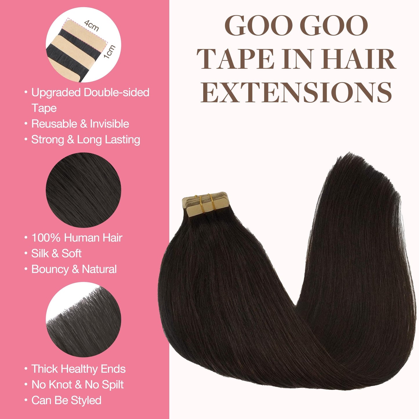 GOO GOO 20inch Dark Brown Remy Human Hair Extensions Silky Straight Tape in Natural Hair Extensions 50g 20pcs