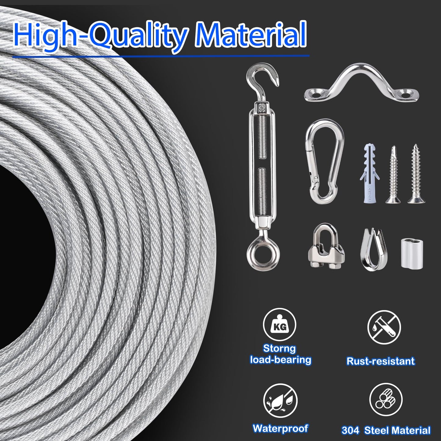 hannger 3/16" Wire Rope Kit, 100 Ft PVC Coated Steel Cable w/ 7×7 Strand Core, Stainless Steel Turnbuckle Wire Tensioner Kit for Decking Stair Railing, Shade Sail, String Light Hanging, Clothes Line