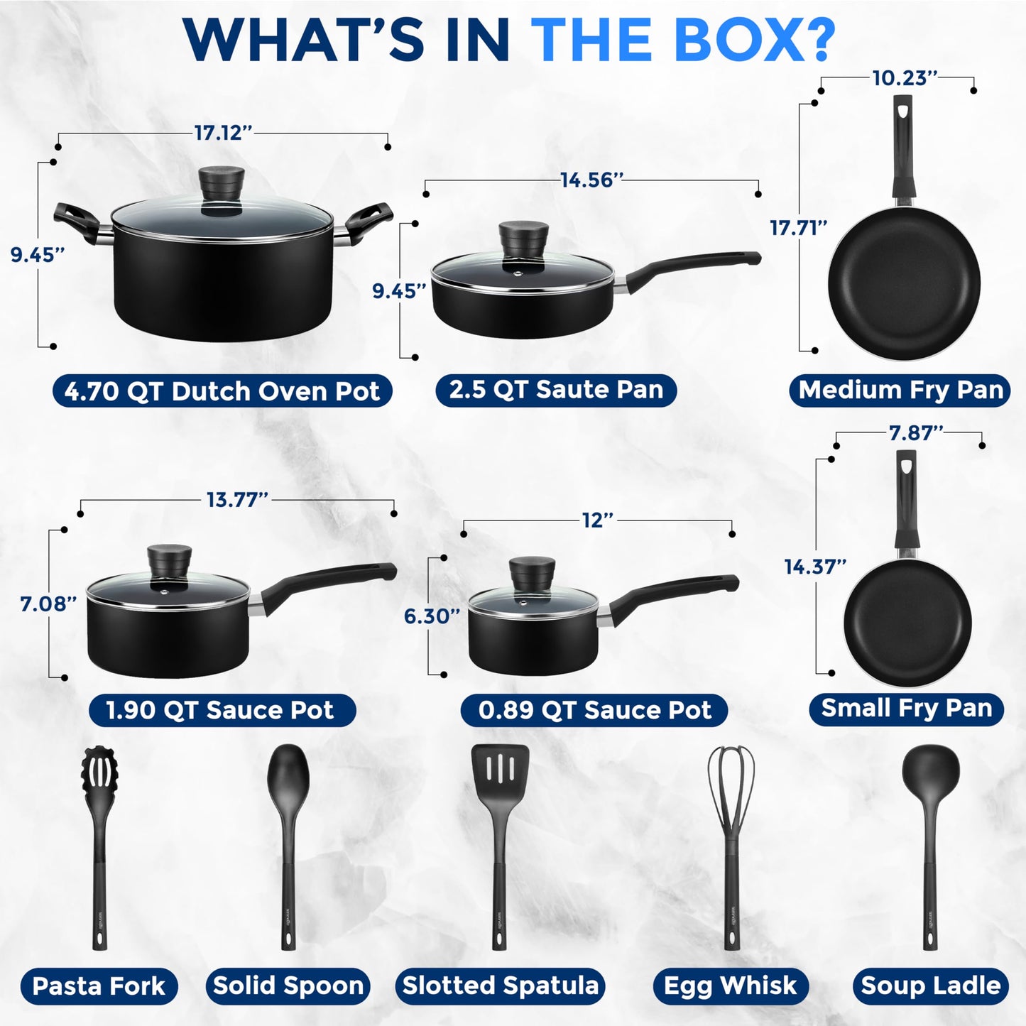 SereneLife Kitchenware Pots & Pans Basic Kitchen Cookware, Black Non-Stick Coating Inside, Heat Resistant Lacquer (15-Piece Set), One Size