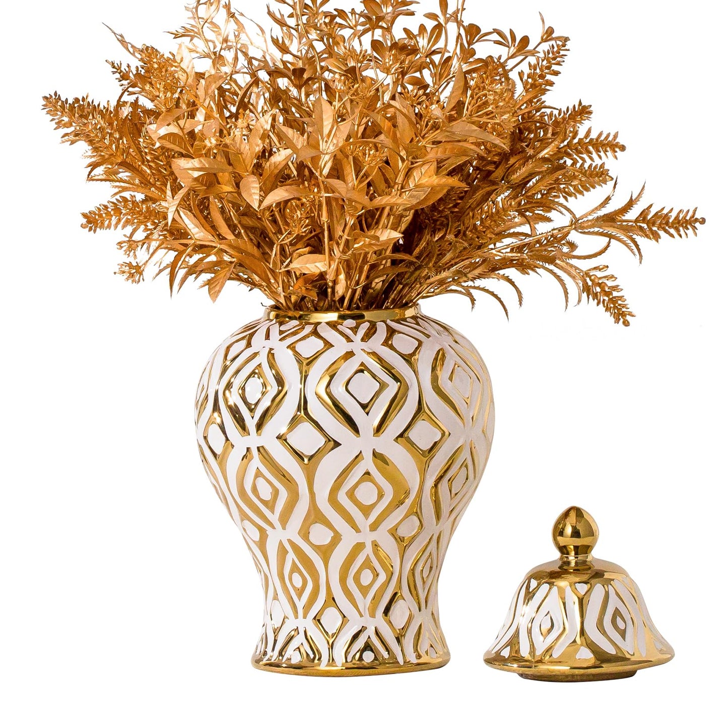 White and Gold Vase with Lid, Ginger Jars for Home Decor, Ceramic Flower Vase for Home, Kitchen, Bookshelf Decor, Storage jar, Table Center Vase, Centerpieces Jarrones(11in)