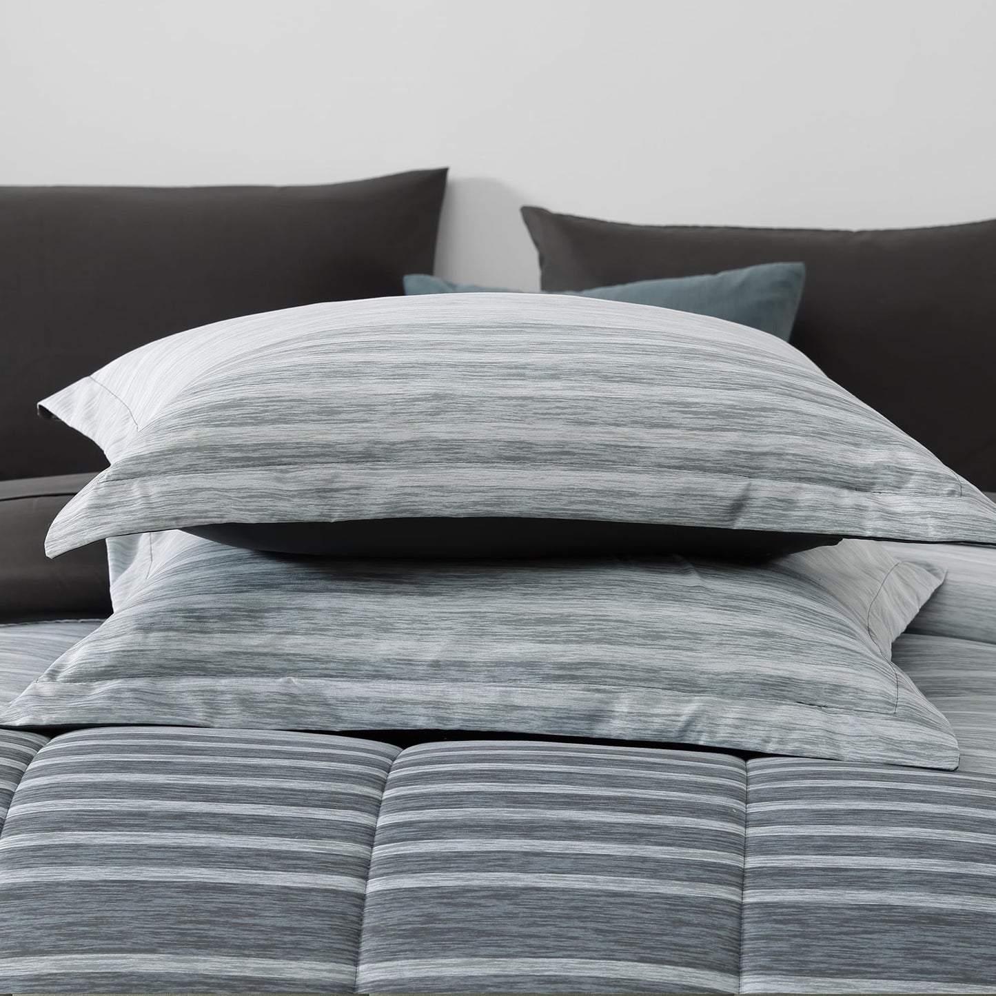Monbix Queen Comforter Set - 7 Pieces Bed in a Bag Queen, Grey-Stripe Bedding Sets, All Seasons Comforter Bed Set with Sheets, Pillowcases & Shams