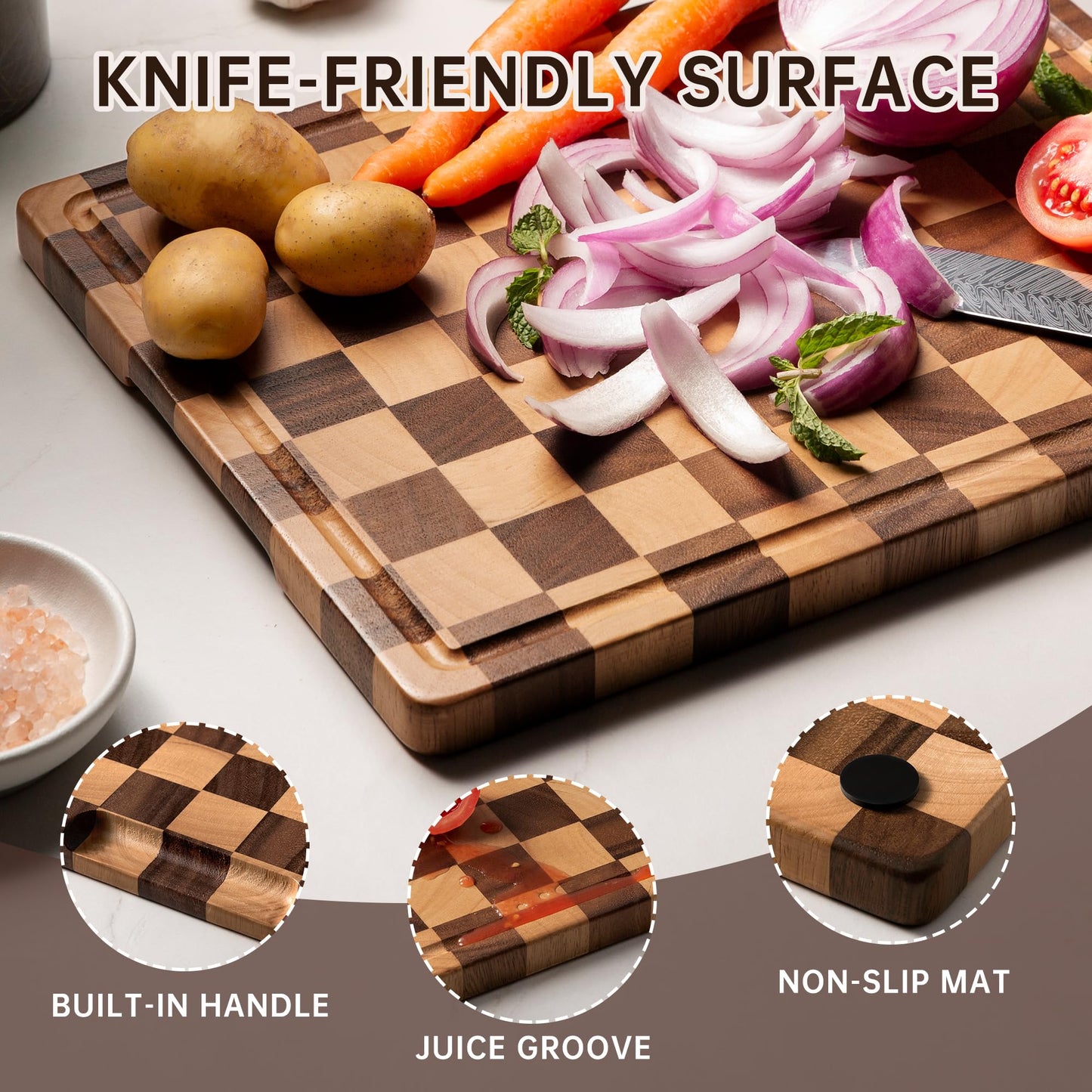 FYCTIO Cutting Board Set, Acacia Wood Checkered Cutting Boards for Kitchen, 3 pcs Chopping Board with Juice Grooves & Handles, Butcher Block Serving Tray for Meat, Vegetables and Fruits with Gift Box