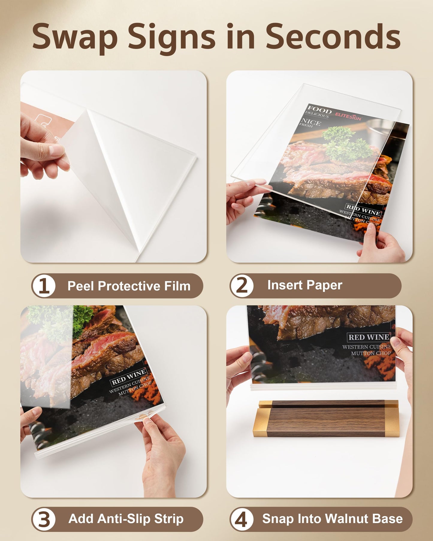 3 Pack Acrylic Sign Holder 8.5 x 11 Inch with Walnut Wood Base, Clear Tabletop Acrylic Display for Menu & Flyer Holder, Commercial Paper Stand for Restaurant, Office, Coffee, Bar, Wedding, Hotel