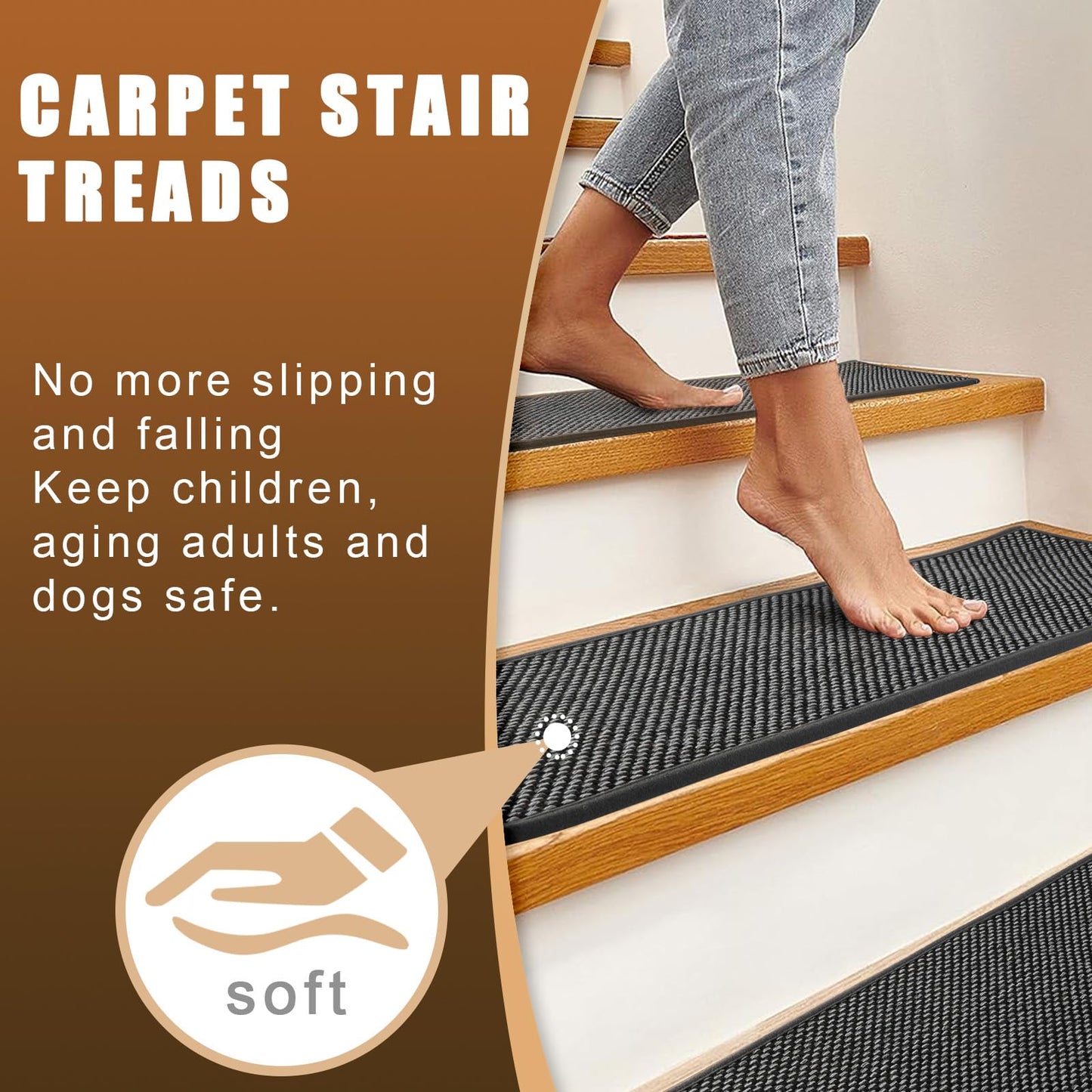 FlowaFoli Stair Treads for Wooden Steps Indoor,8" X 30" (15 in Pack) Carpet Stair Treads for Wood Stairs, Machine Washable Stair Runners for Kids Elders and Pets,Black & Snow Spots