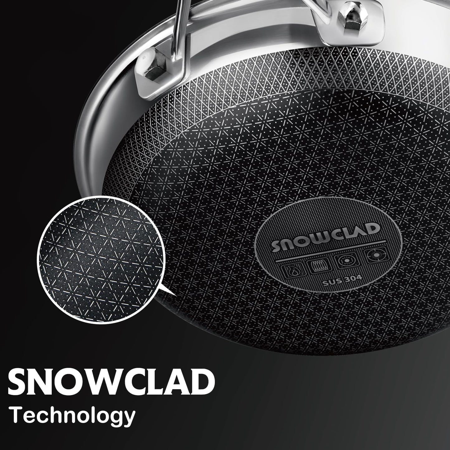 SNOWCLAD Hybrid Nonstick Stainless Steel Frying Pan with Lid, 12-Inch, PFOA-Free Non-Toxic Skillet, Induction Compatible, Dishwasher, Oven & Broiler Safe