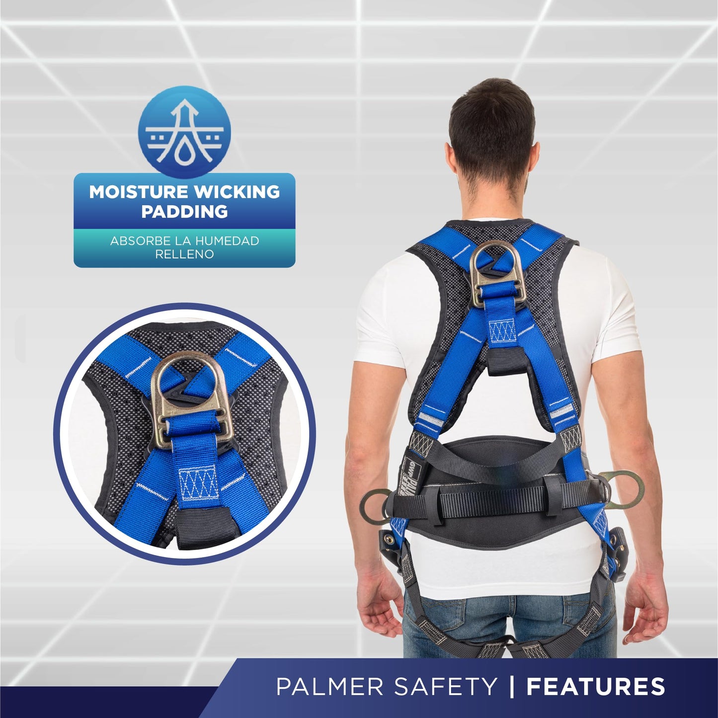 Palmer Safety Fall Protection Full Body 5 point Harness, Padded Back Support, Quick-Connect Buckle, Grommet Legs, Back&Side D-Rings, OSHA ANSI Industrial Roofing Tool Personal Equipment (Blue - XLG)