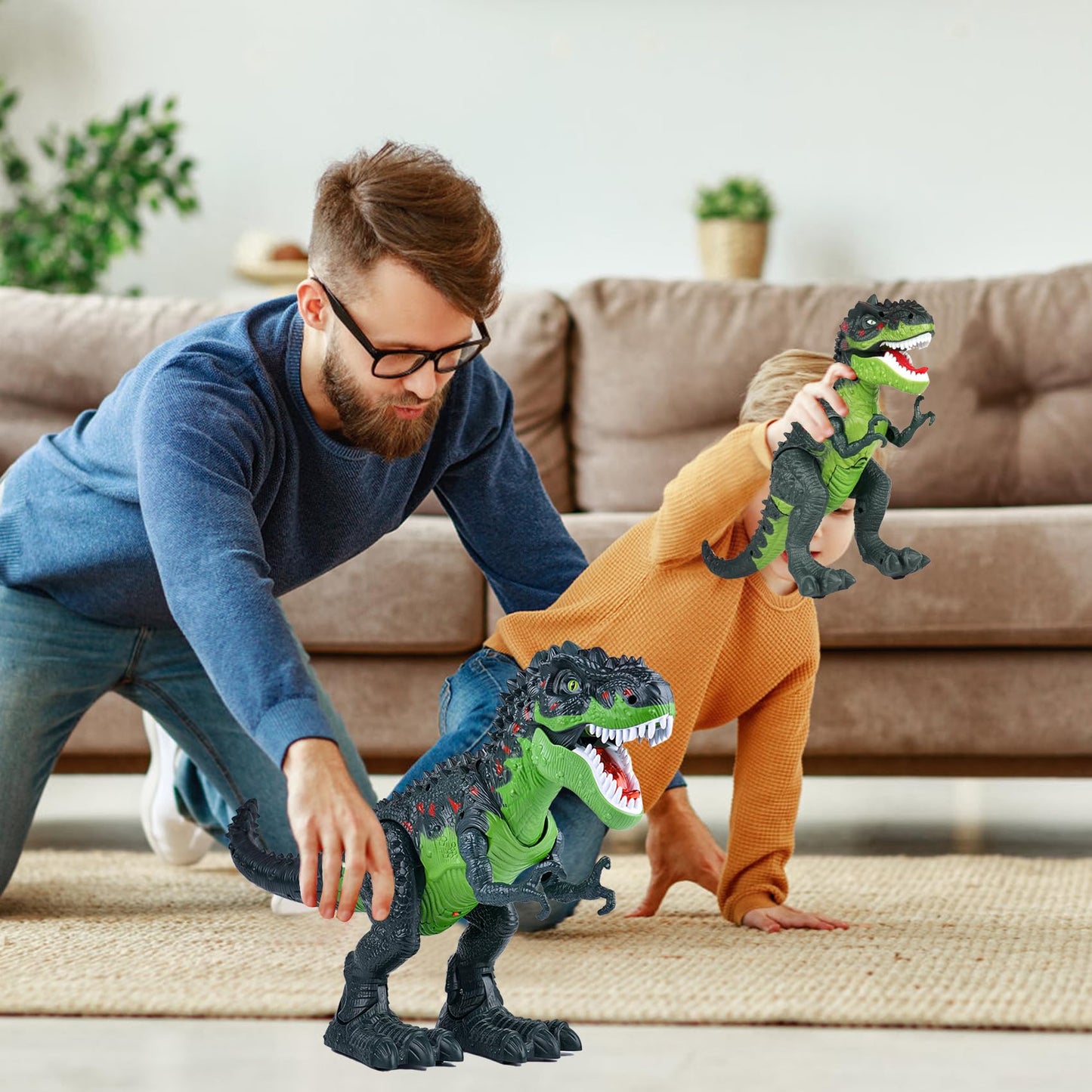 AHCo. Big Walking T-Rex Dinosaur Toy Plus for Kids – Realistic Tyrannosaurus Toys with 3D Eyes, Mist Spray, Lights and Roar Sound – Gift for Toddlers Ages 3+ Years