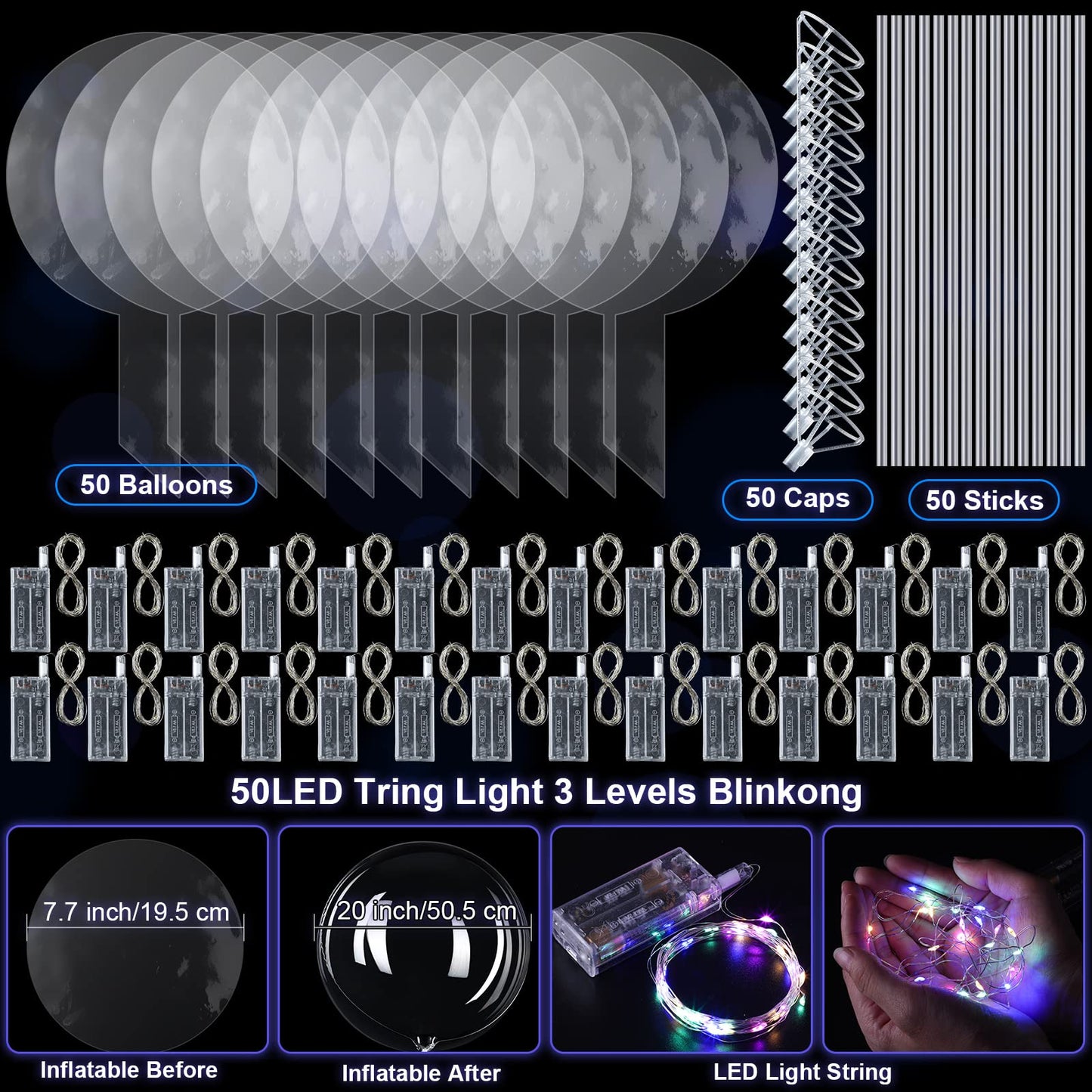 Libima 50 Pcs Light up LED Balloons Bulk 20 Inches Clear Flashing Glow in the Dark Balloons with Handles and String Lights for Wedding Birthday Baby Shower Party Outdoor Yard Decoration