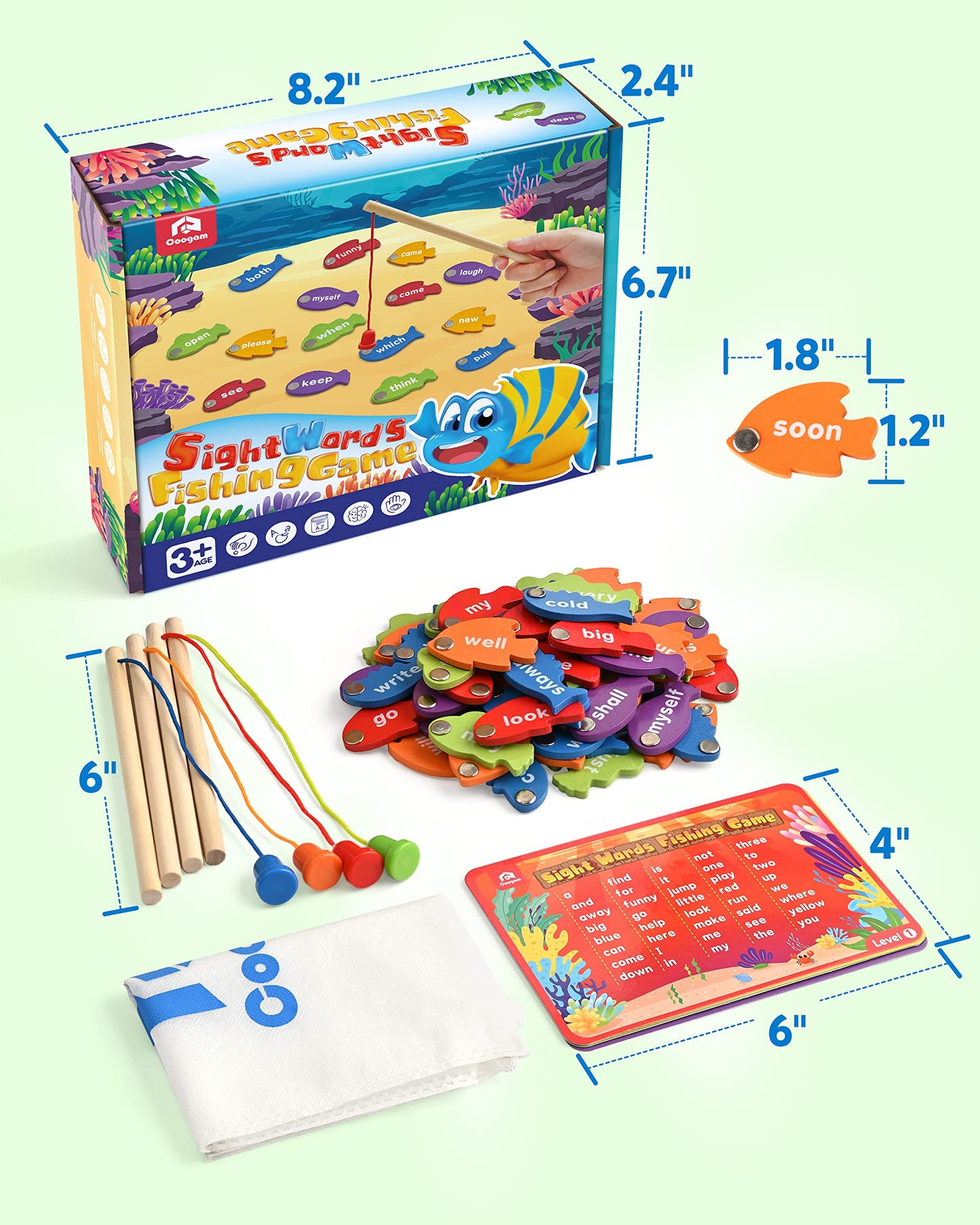 Coogam Wooden Magnetic Fishing Sight Words Game Learning Dolch Word Flashcards Montessori Educational Toy for Preschool Kids