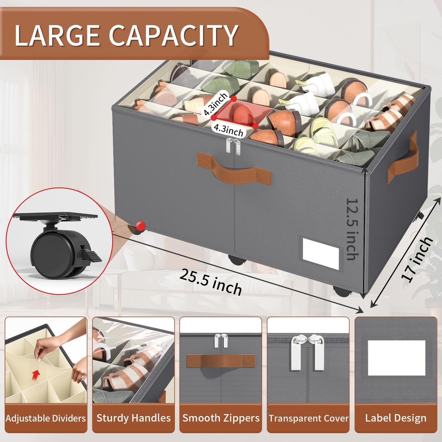 Foyego Shoe Organizer for Closet, Shoe Storage Organizer with Wheels and Adjustable Dividers, Stackable Shoe Storage Box with Clear Cover, Foldable Closet Shoe Organizer Fits up to 24-48 Pairs, Gray