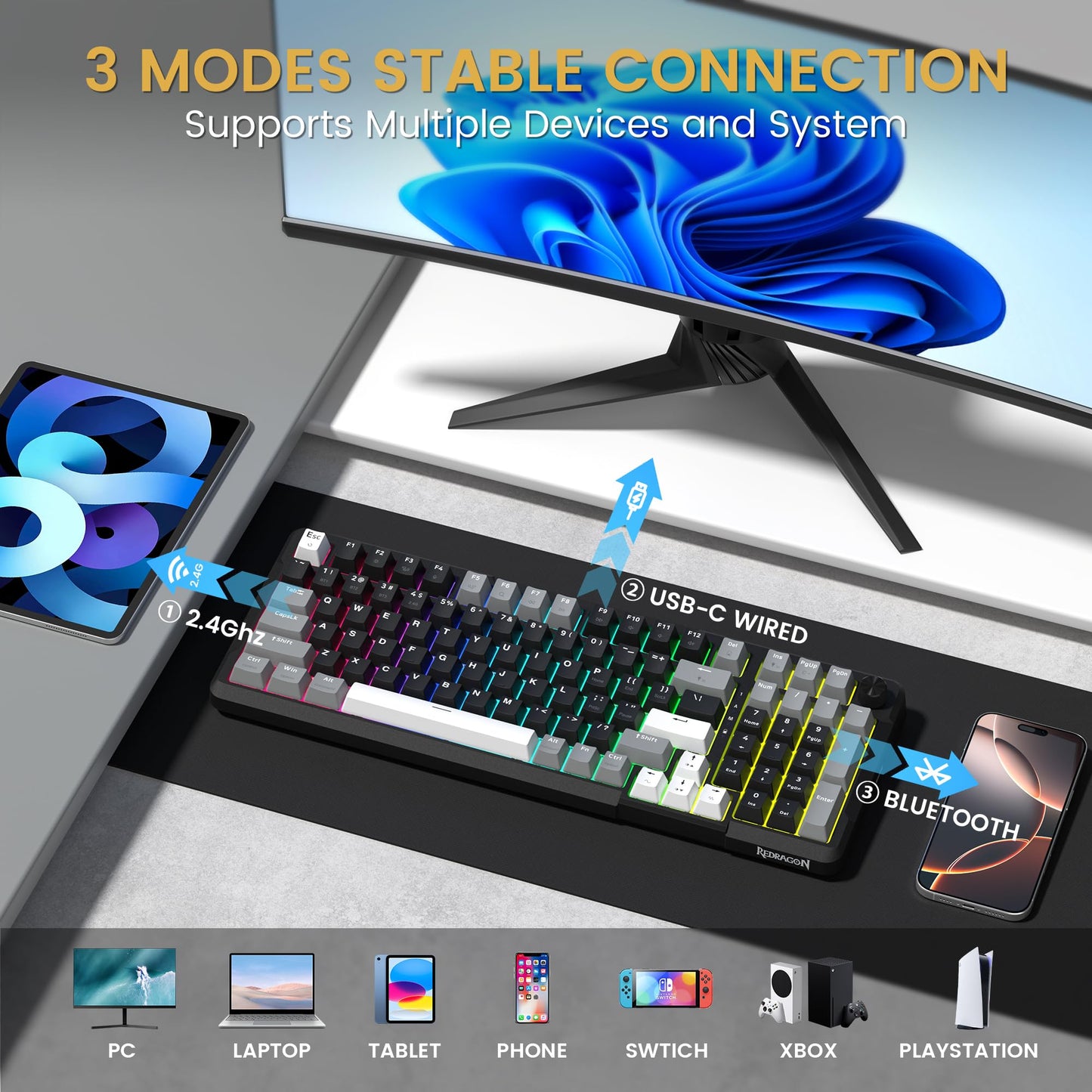 Redragon K742 Wireless Mechanical Gaming Keyboard with Knob, Bluetooth 5.0/2.4GHz/USB C Wired Creamy Keyboard with Number Pad for PC Computer, RGB Backlits, Hot-Swappable with Linear Switches (Black)