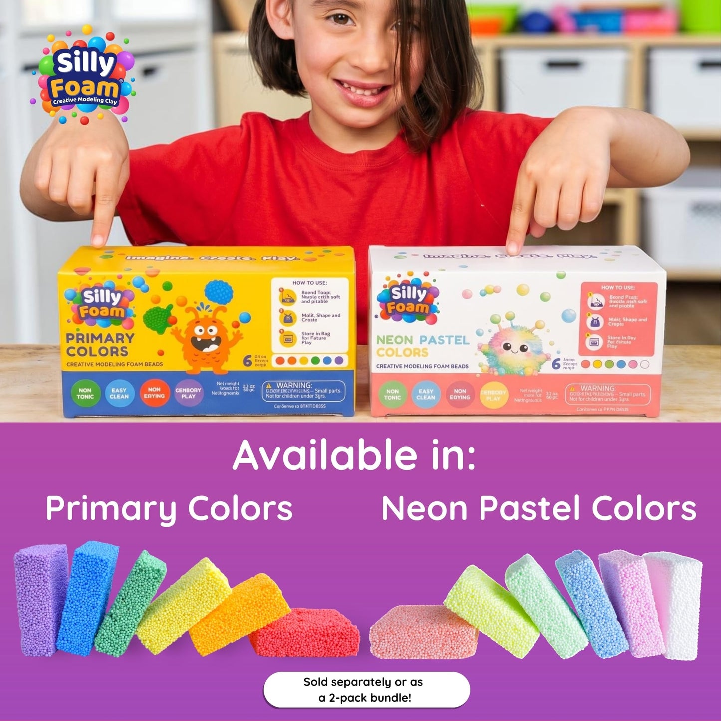 Silly Foam, Creative Modeling Foam Beads, 2-Pack Primary Colors, Perfect for Preschool and Kids, Arts & Crafts, STEM, Sensory Play, Non-Toxic (Age 3+)