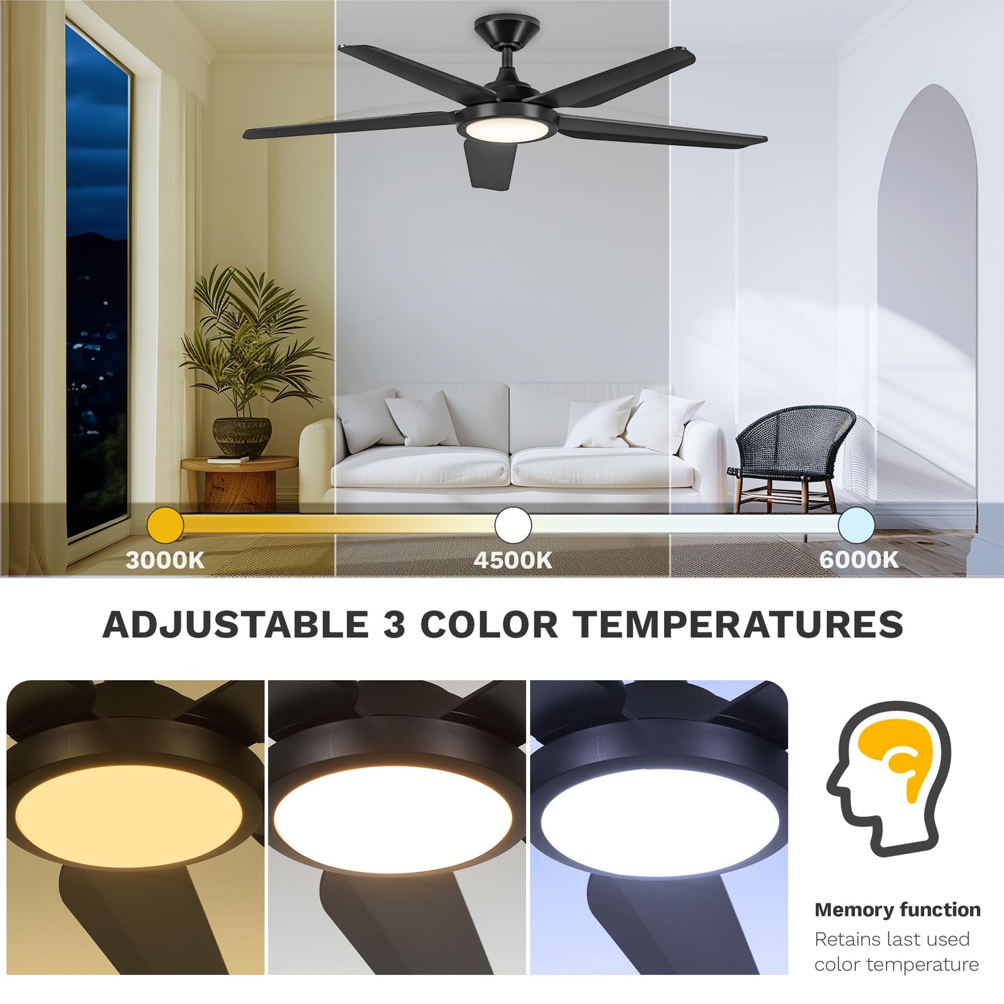 DWVO Ceiling Fan with Light, 54" Ceiling Fan with Remote, Tri-Color Temperature, 5 Blade Ceiling Fans Reversible 6 Speeds w/Quiet DC Motor for Bedroom, Living Room, Dining Room