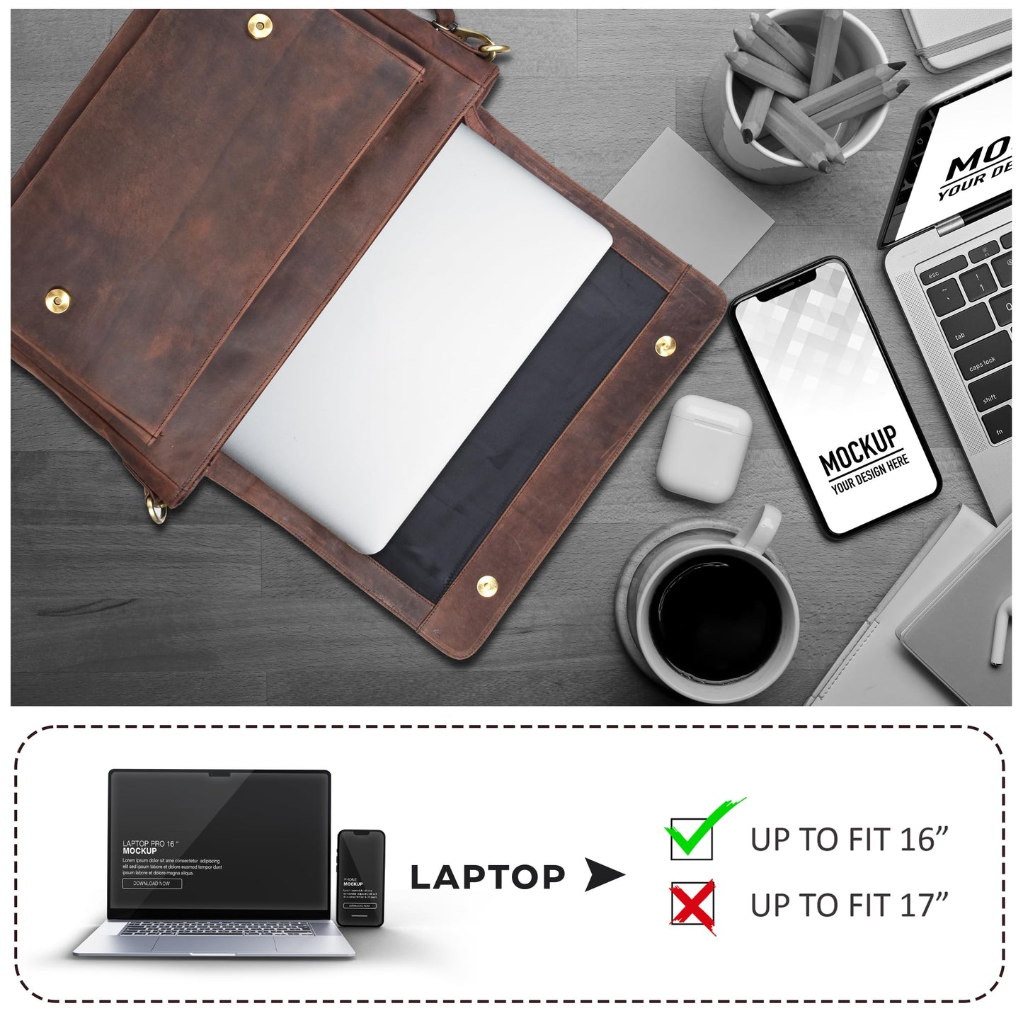Leather messenger bag for men & women- Laptop briefcase bag for college,office adjustable shoulder strap