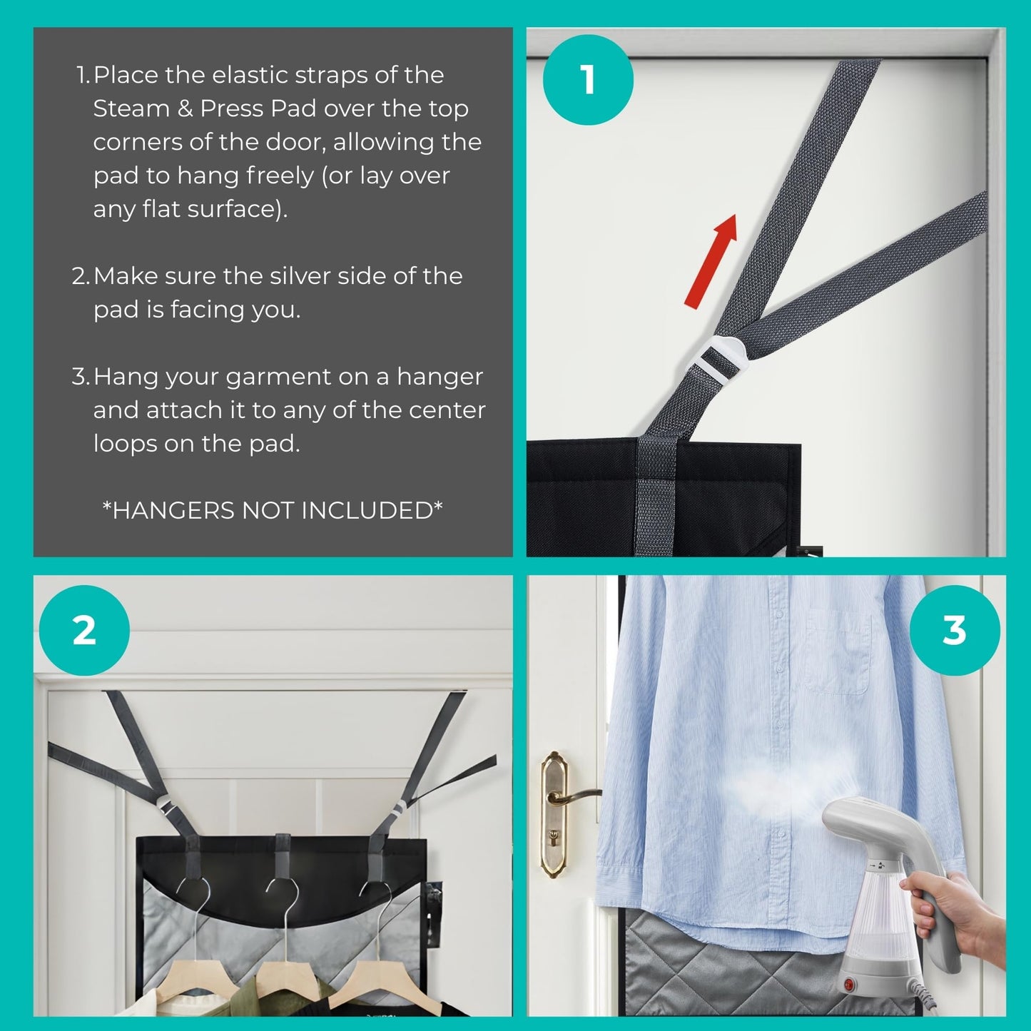 True & Tidy XL Over the Door Protective Clothes Steamer Pad, Ironing and Press Pad, Helps Protect Surfaces While Garment Steaming, with 3 Hanger Hooks