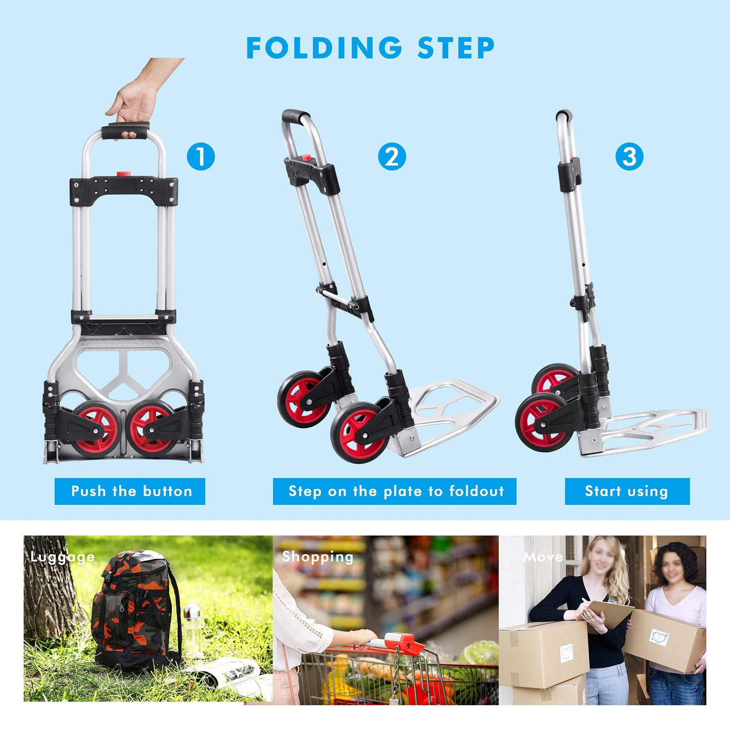 LEADALLWAY Dolly Cart Folding Hand Truck and Dolly,Steel Portable Cart with Telescoping Handle and Nylon+Rubber Wheels 180 lbs Capacity