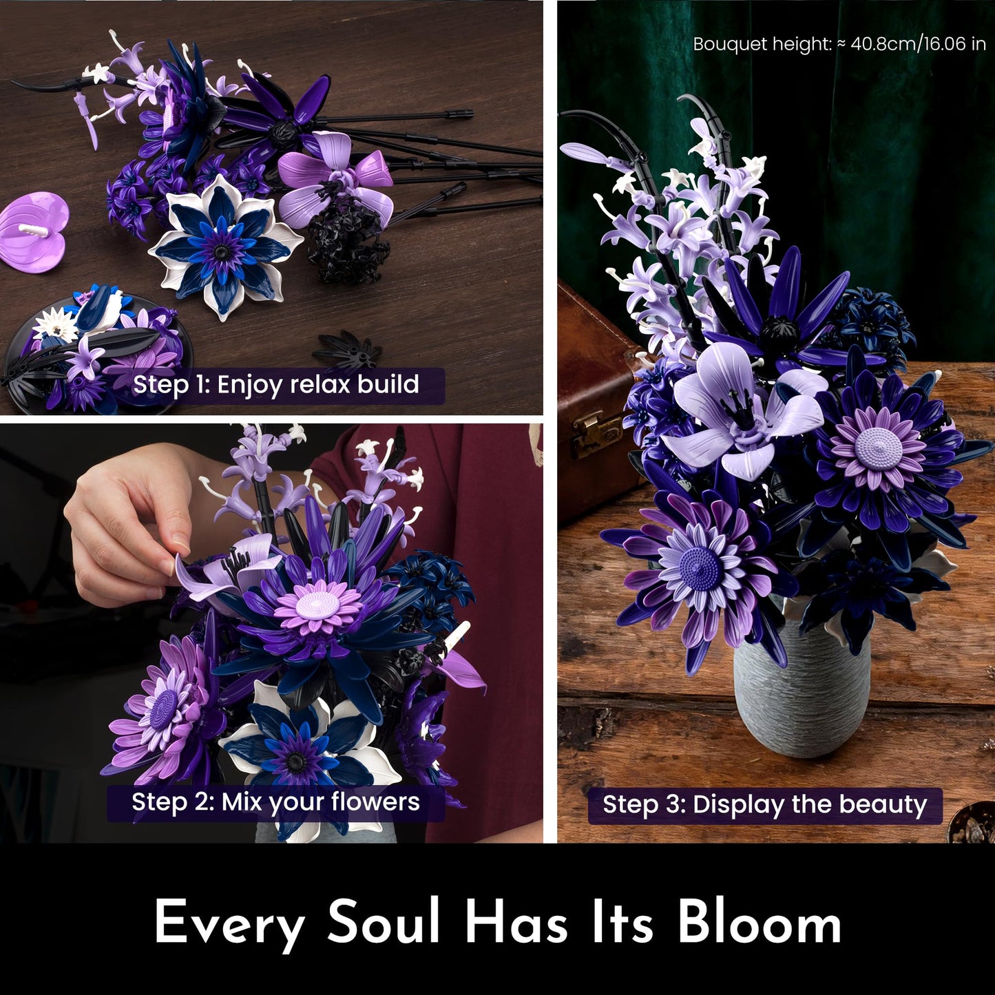 SOOLIO Dahlia Flower Bouquet Building Set for Adults,Gift for Mom Women Girlfriend Wife Gothic Botanical Collection - Buildable Purple Artificial Floral for Home or Office Decor (609 PCS)