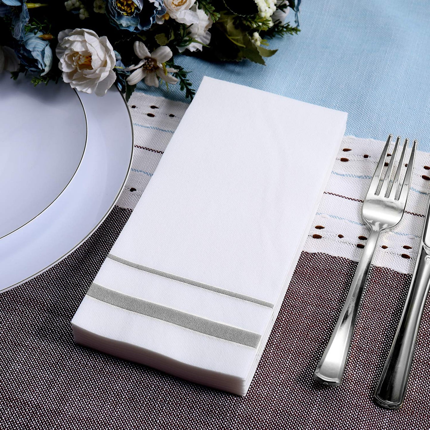 FOCUSLINE 200 Linen Feel Disposable Bathroom Napkins, Soft and Absorbent Paper Guest Towels, Cloth-Like Hand Towels Decorative Paper Napkins for Parties, Weddings, Dinners or Events, Silver, 12" x 17"