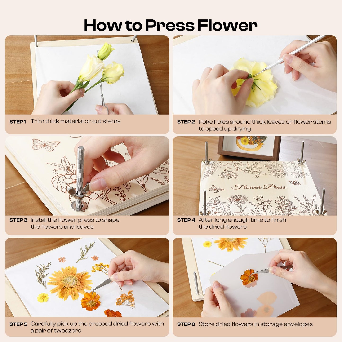 Caydo Wooden Flower Press Kit 11"x11" 10 Layers for Adults, DIY Bookmark Pressed Flower Frame – Preserves Wedding Funeral Bouquet & Plants, Leaves, Herbs for Handmade Crafts, Gift for Craft Lovers