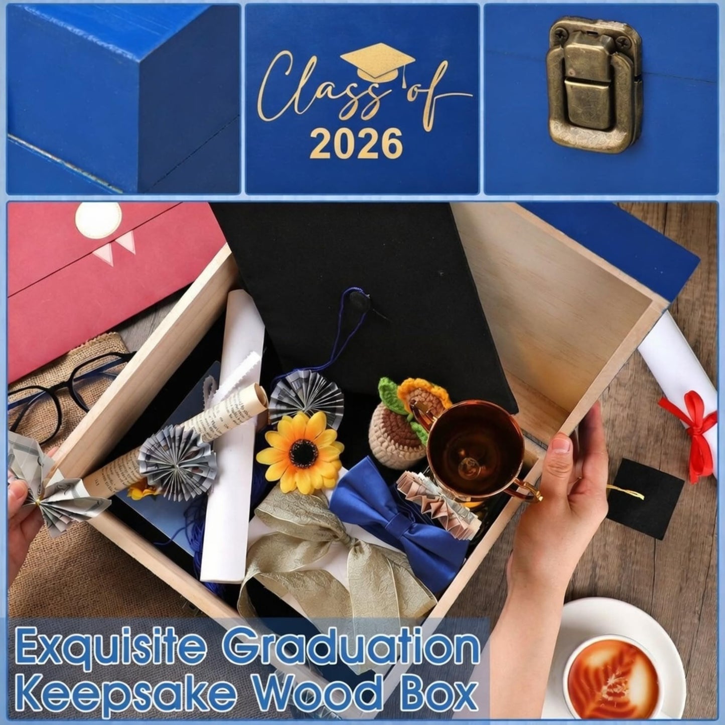 Geelin Graduation Keepsake Wooden Box Class of 2026 Graduation Cap Large Keepsake Box Graduate Wooden Engraving Memento Case for High School College Memory Gifts 13 x 10.5X 5inch(Blue)