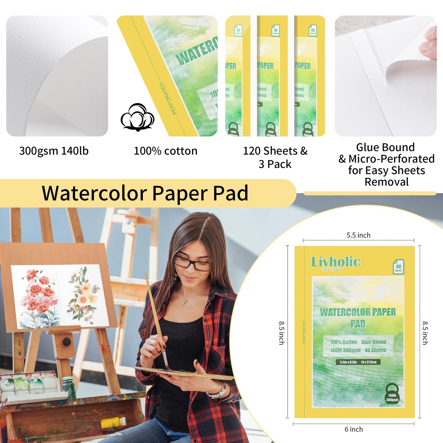 120 Sheets 3 Pack Watercolor Paper Pad 8.5 x 5.5 Inch Glue Bound 300gsm (140lb) Pure Cotton Water Color Drawing Paper for Art Supplies, Sketch Book, Post Cards