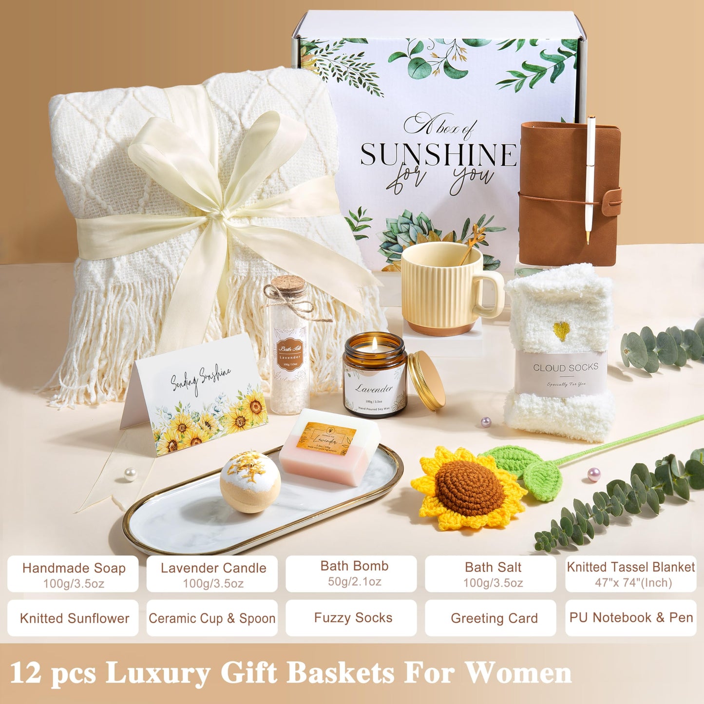 Gifts for Women, Mothers Day Birthday Gifts for Women, Get Well Soon Self Care Package After Surgery, Sending Sunshine Sunflower Basket, Thinking of You Inspirational Gift for Mom Her Sister Wife