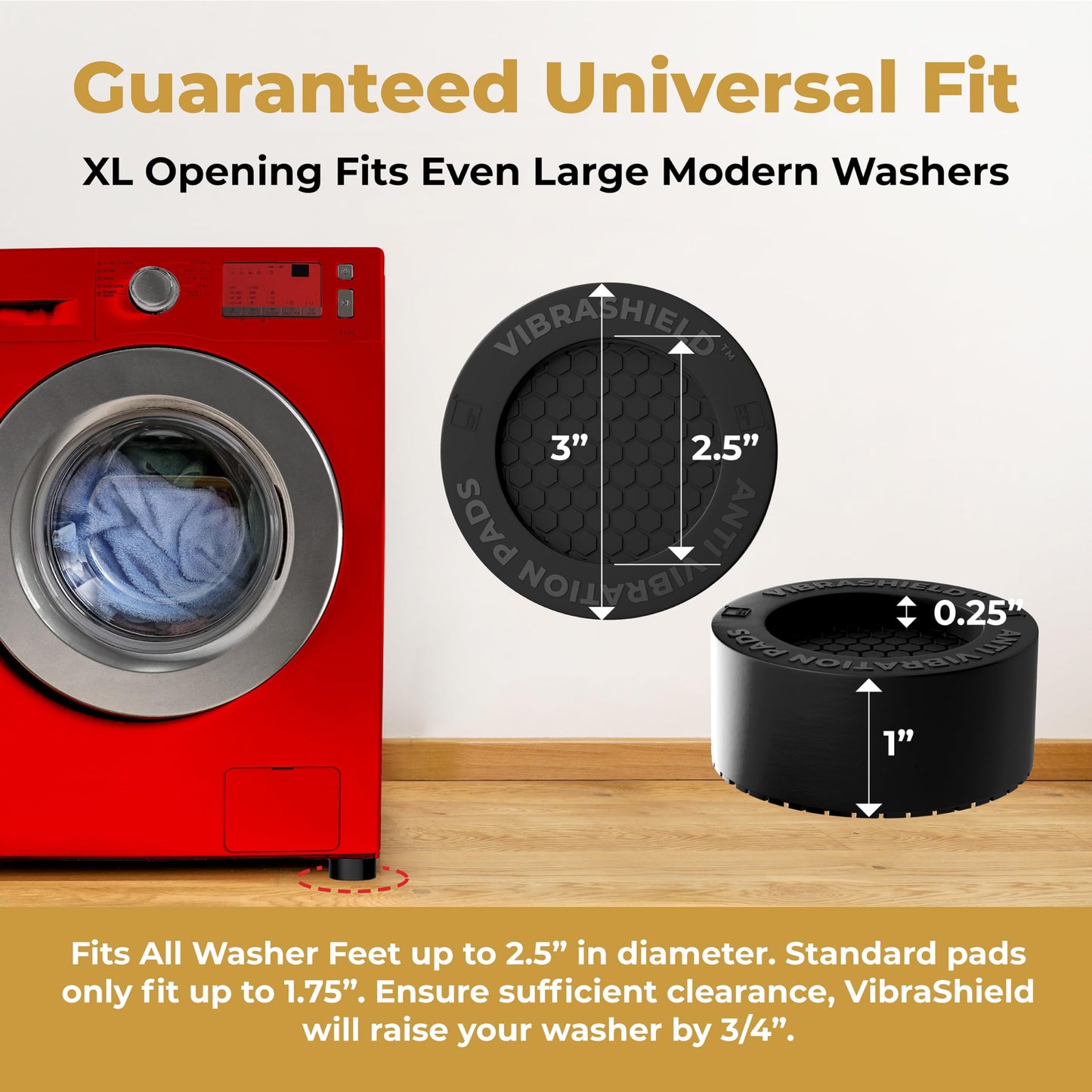 Anti Vibration Pads for Washing Machine with HexaGrip - Stops Washer Dryer Moving, Walking - Prevents Noise, Vibration Transfer - Rubber Antivibration Stabilizer Support Feet Mat - VIBRASHIELD 4 Pack