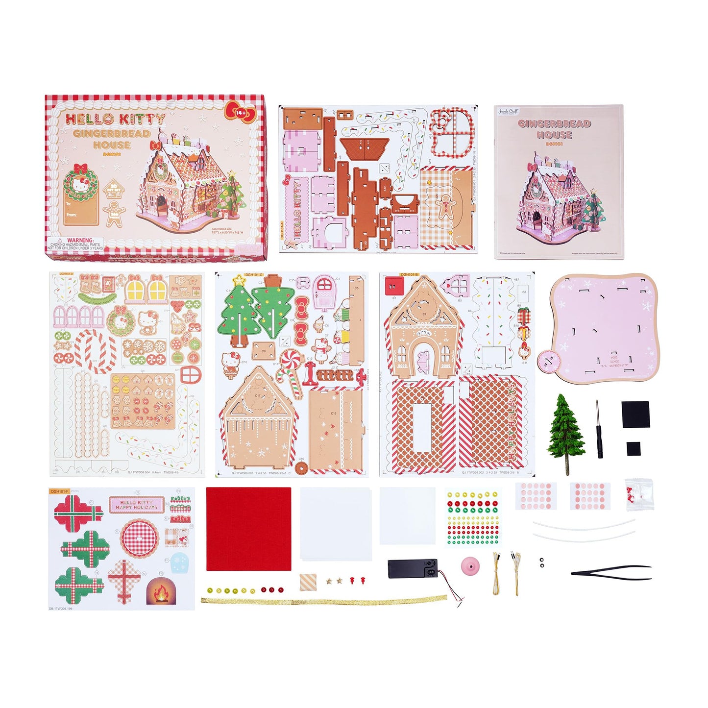 Hello Kitty Gingerbread House Kit – Wooden Holiday 3D Puzzle. DIY Christmas Craft Set, Winter Home Decor Holiday Display, Christmas Decoration and 3D Model for Ages 14 and Up