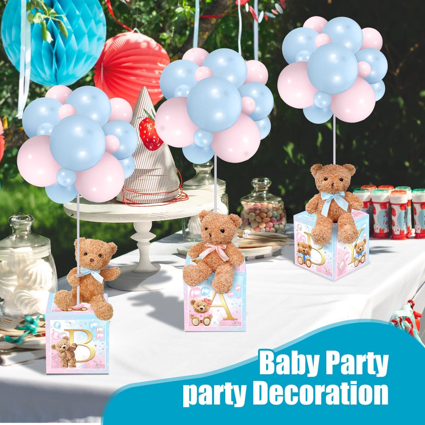 Lenwen - Set of 6 Blue Pink Bear Baby Shower Decorations for Gender Reveal Letter Boxes Baby Shower Table Centerpieces Stuffed Animal Balloons with Stand, Boxes