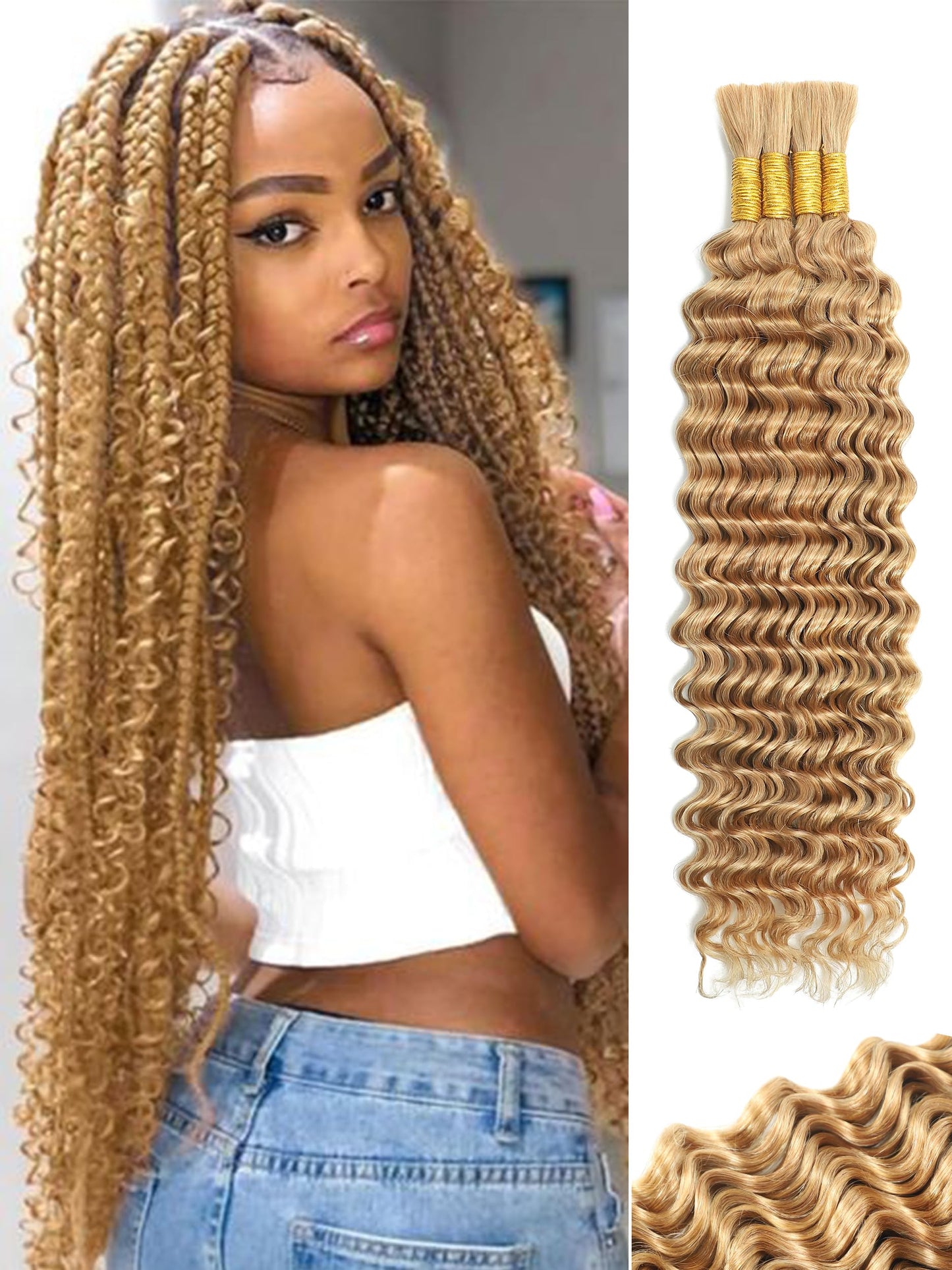 KULYMUWIG Blonde Human Braiding Hair for Boho Braids Deep Wave 22 Inch 100 g 4 Bundles Bulk Human Hair for Braiding No Weft 10A Curly Human Hair Extensions Wet and Wavy Color 27 Human Braiding Hair
